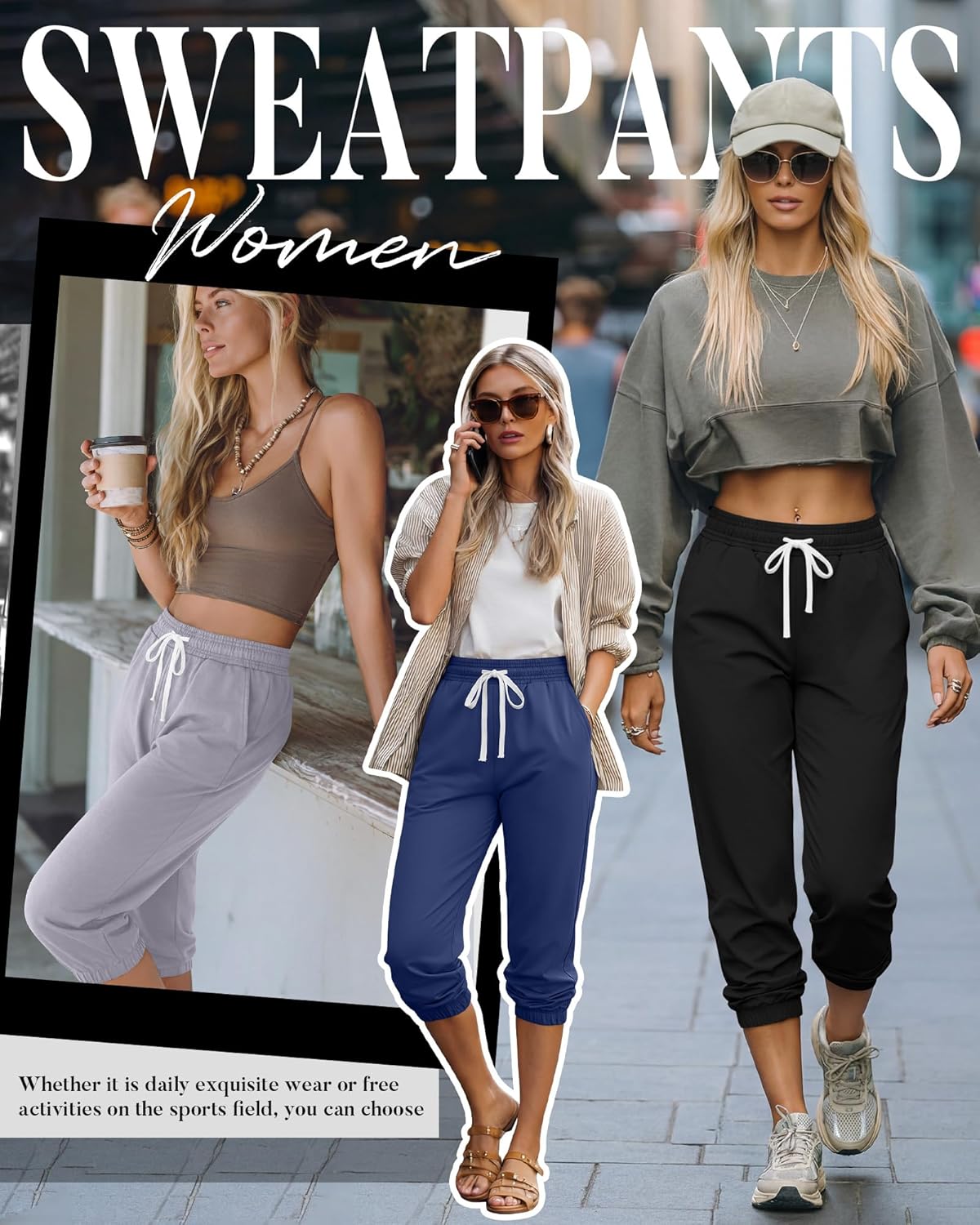 Ficerd 3 Pcs Women's Capri Sweatpants Joggers Summer Casual Sports Cropped Lounge Pants High Waisted Athletic with Pockets - Image 3
