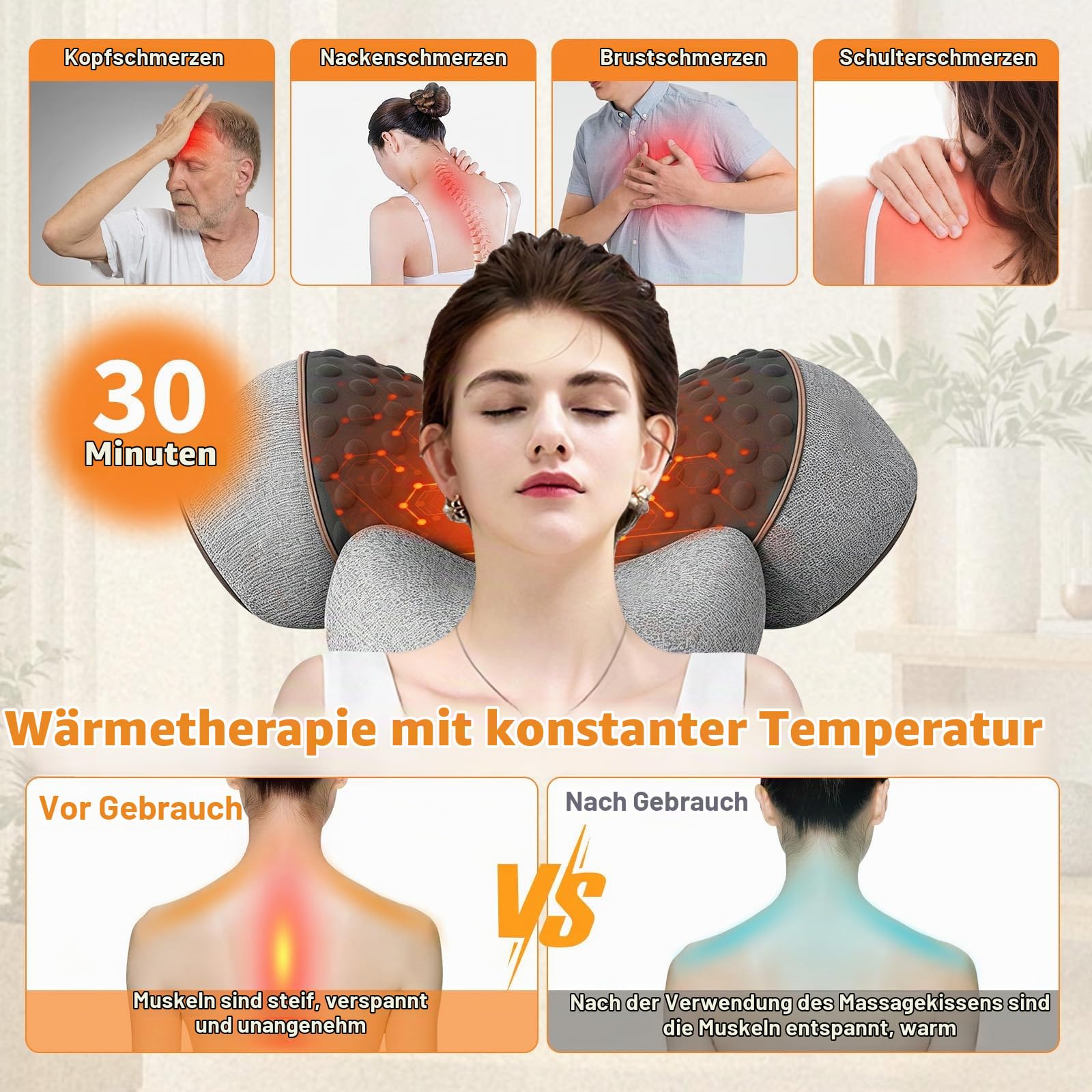 Nackenmassagegerät Elektrisch mit Wärme,3-in-1 Entspannungskissen für Nacken mit Wärme/Vibration/Lendenwirbelstütz, kabelloses Nacken traktionsgerät zur Linderung von Nackenschmerzen
