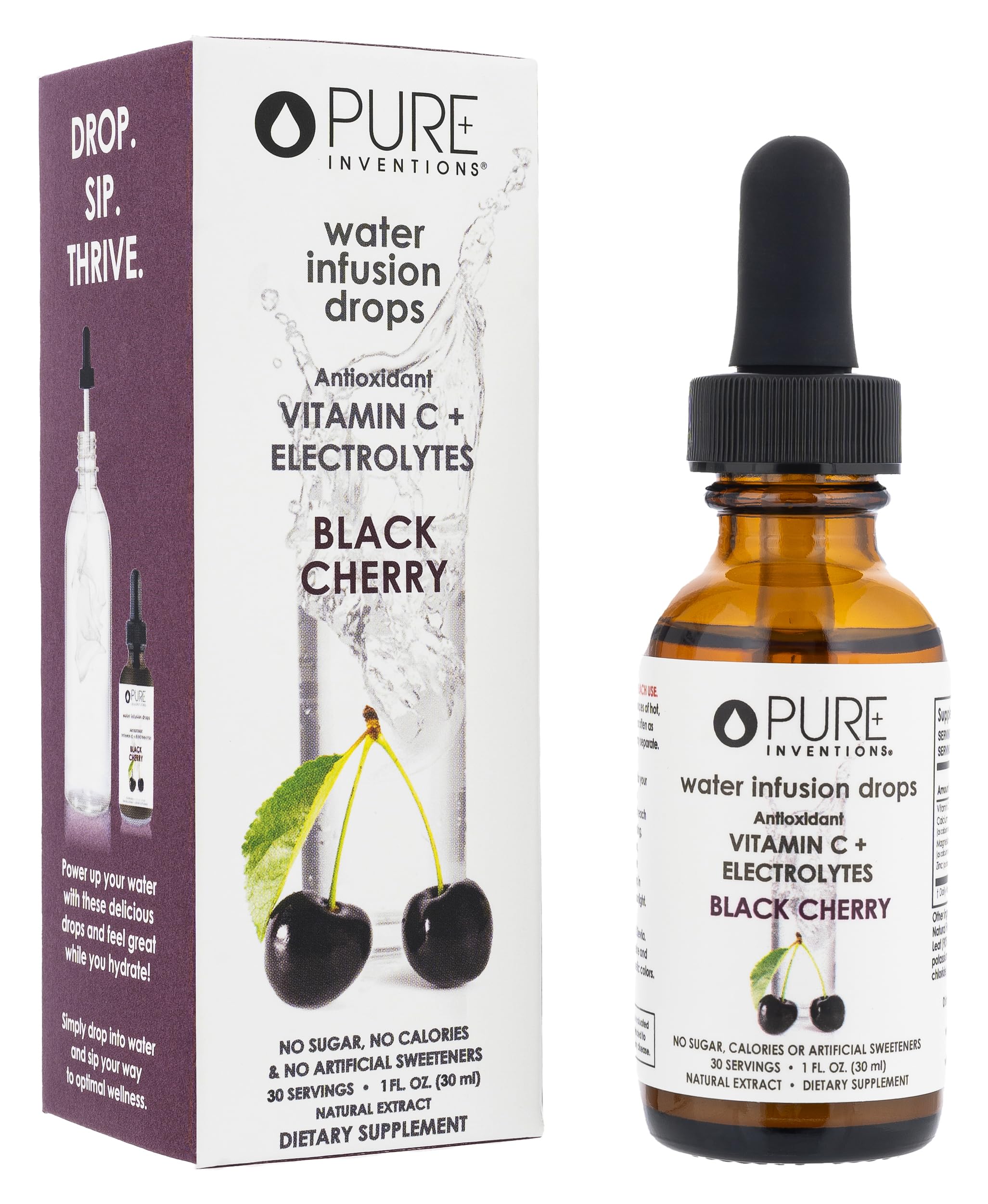 Pure Inventions - Black Cherry Water Infusion Drops - Antioxidants, Vitamin C & Electrolytes -Health & Wellness Drink -Immunity Support -Sugar Free, Zero Calorie, No Artificial Sweeteners -30 Servings