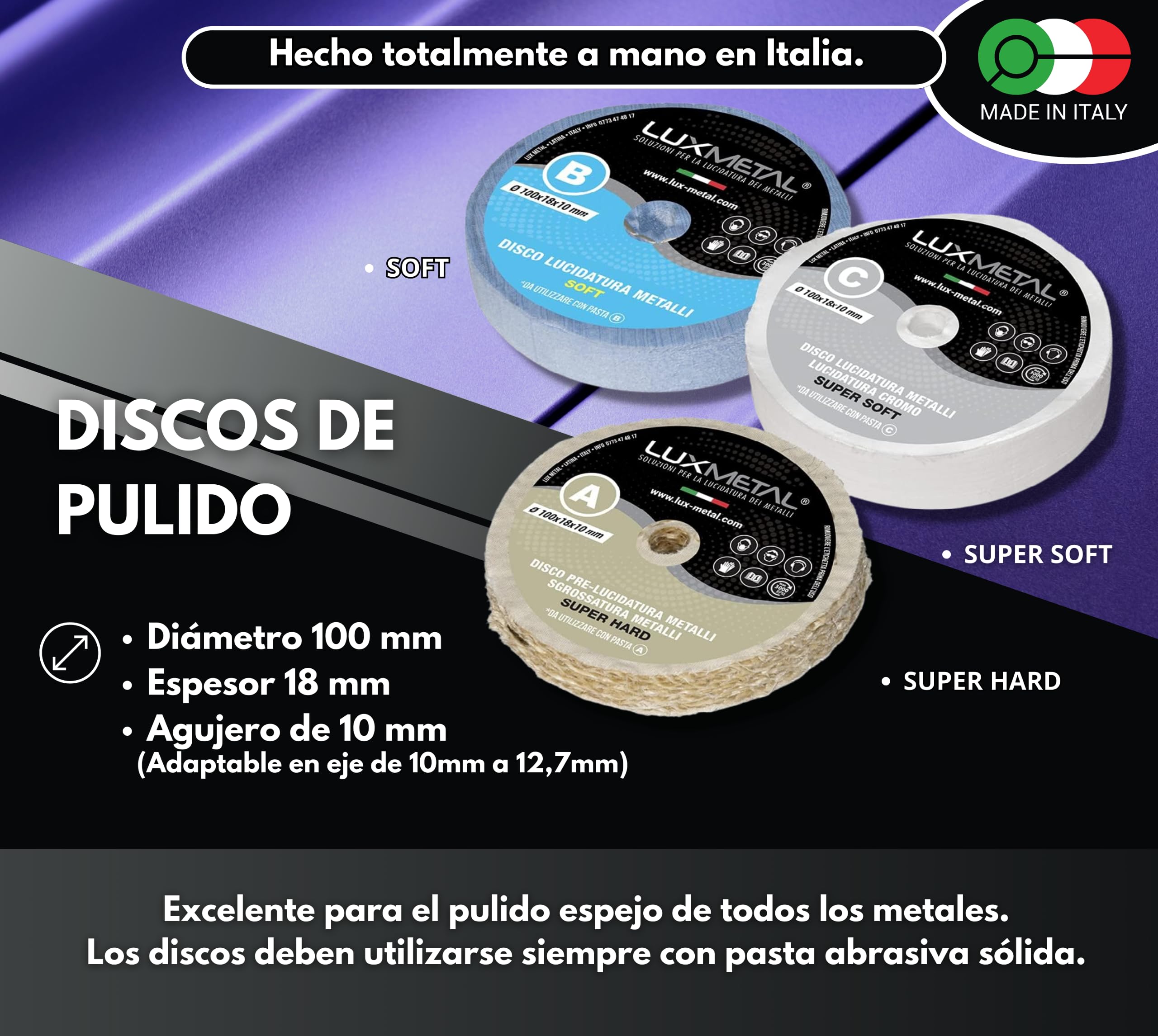 Kit 3 discos de pulido de 100 mm (A-B-C) en algodón juego de pulido espejo discos de pulido de aluminio metales acero inoxidable para taladro amoladora latón cobre madera mármol plexiglás