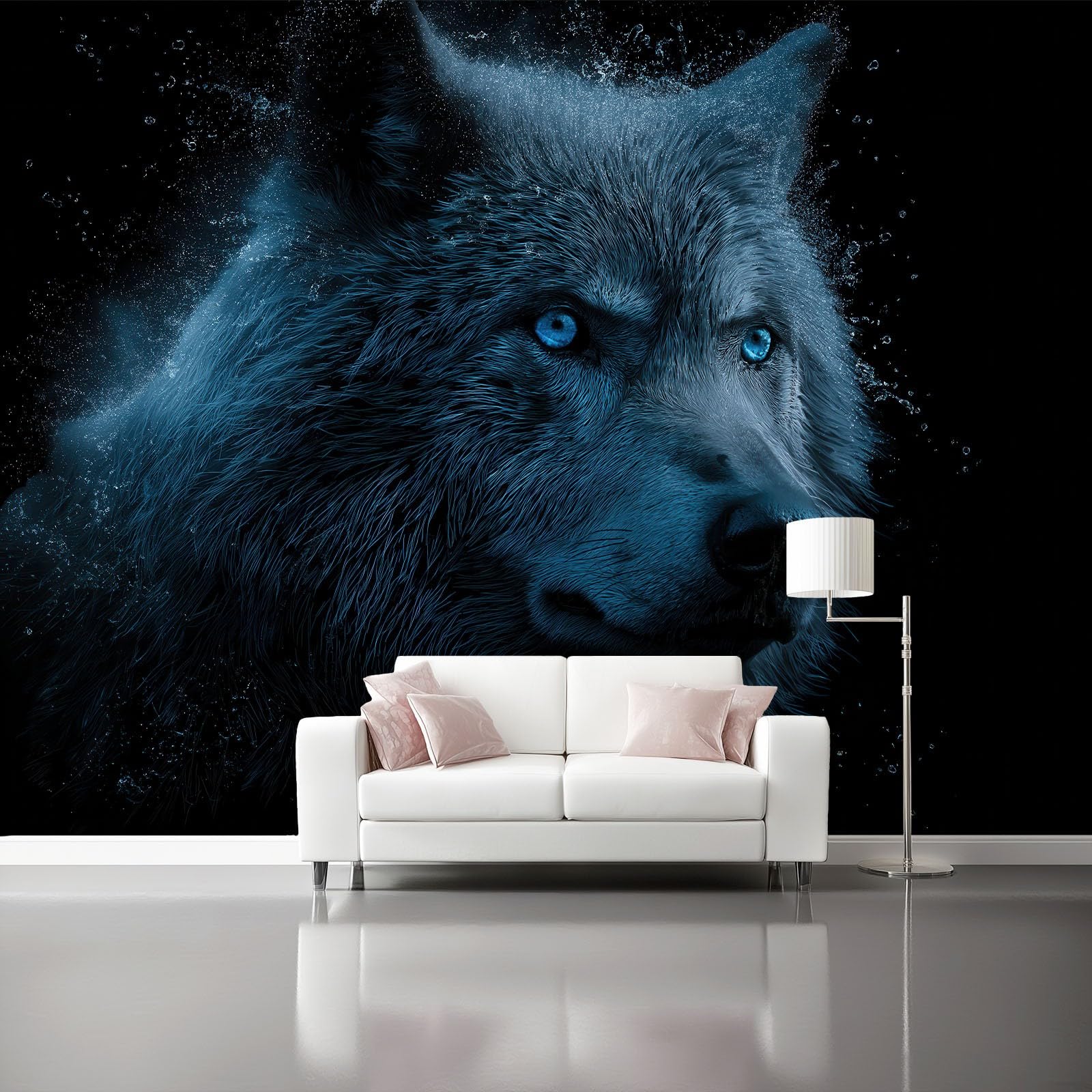 Tapeta z włókniny 350 x 256 cm, fantastyczne zwierzę wilk, dekoracja ścienna do głównej sypialni i salonu, czarno-niebieska