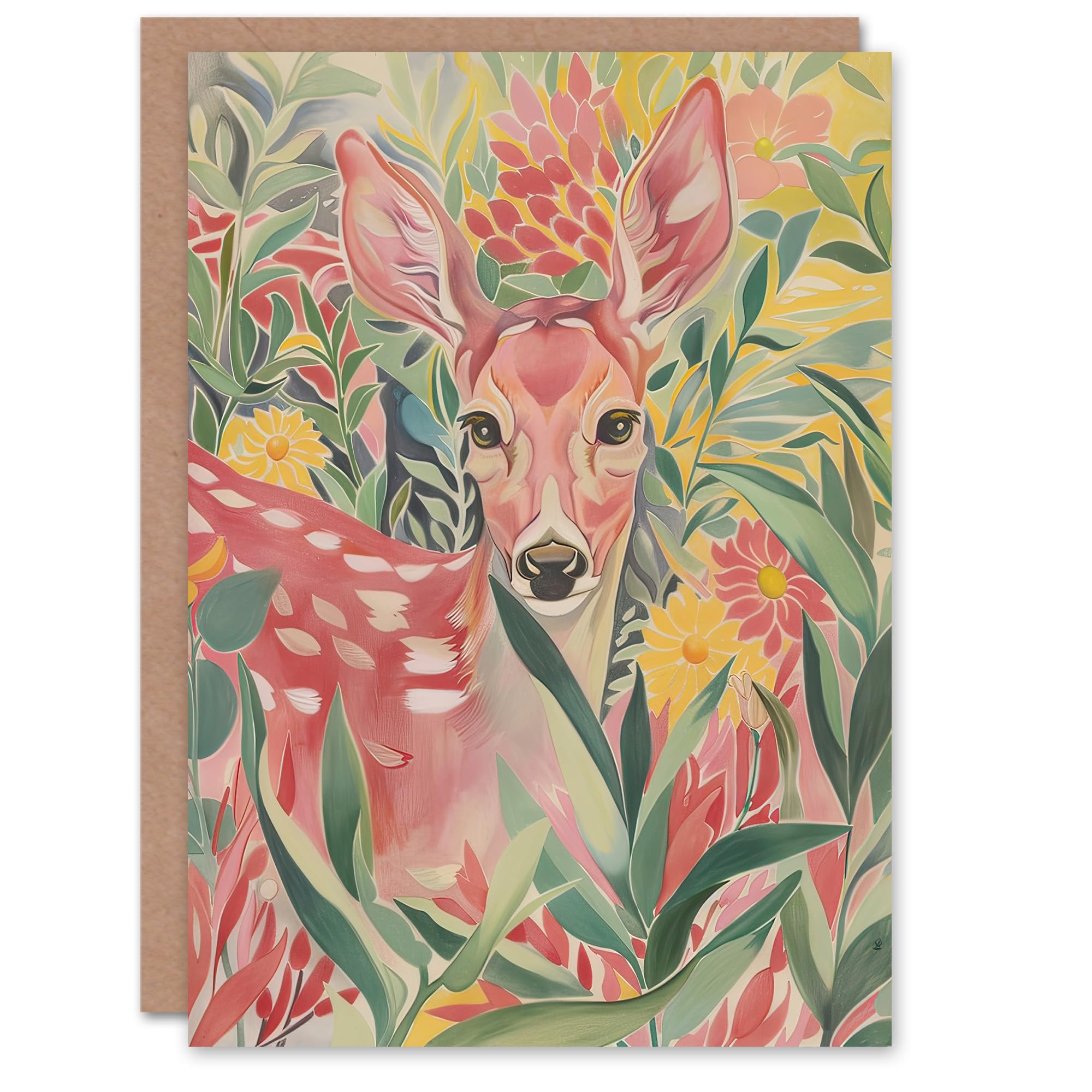 Artery8 Greeting Card Deer in Flower Field Pastel Colour Painting For Her Woman Birthday Card