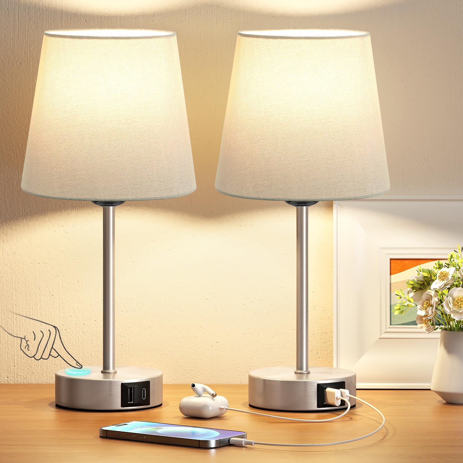 PreeOtti Nachttischlampe Touch Dimmbar 2er Set, Tischlampe mit Ladefunktion USB A+C-Anschlüssen 2 LED Birnen, Graue-Lampenschirm, Kleine Lampe für Nachttisch Schlafzimmer Wohnzimmer Babyzimmer Büro