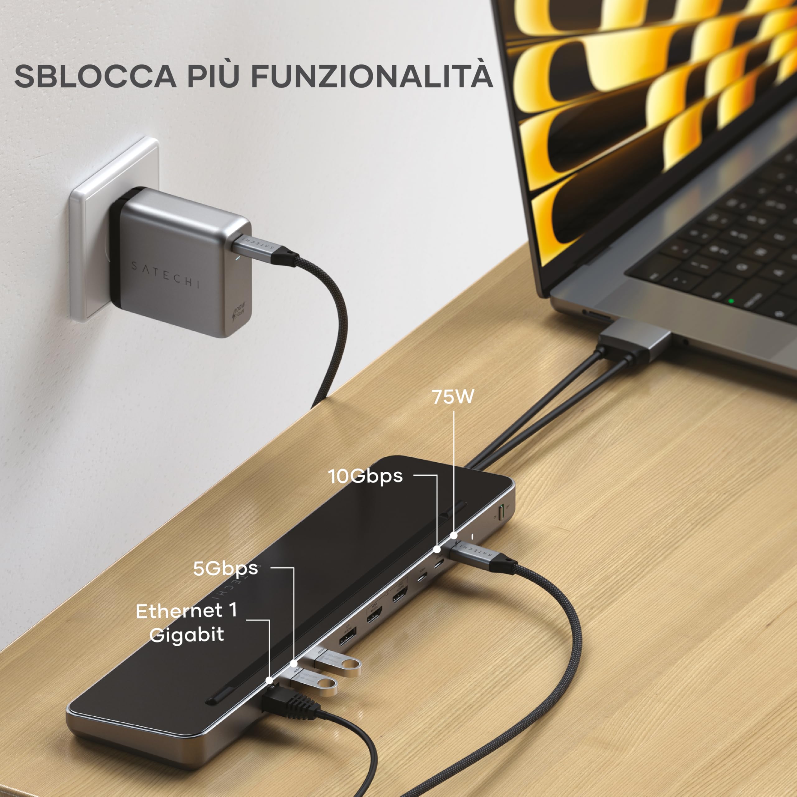 SATECHI Dual Dock e Supporto 10 in 1 con Alloggiamento SSD NVMe, 75W | Doppio schermo 4K@60Hz, 2x HDMI e DisplayPort, dati USB-C/USB-A, Ethernet, per laptop Mac e Windows
