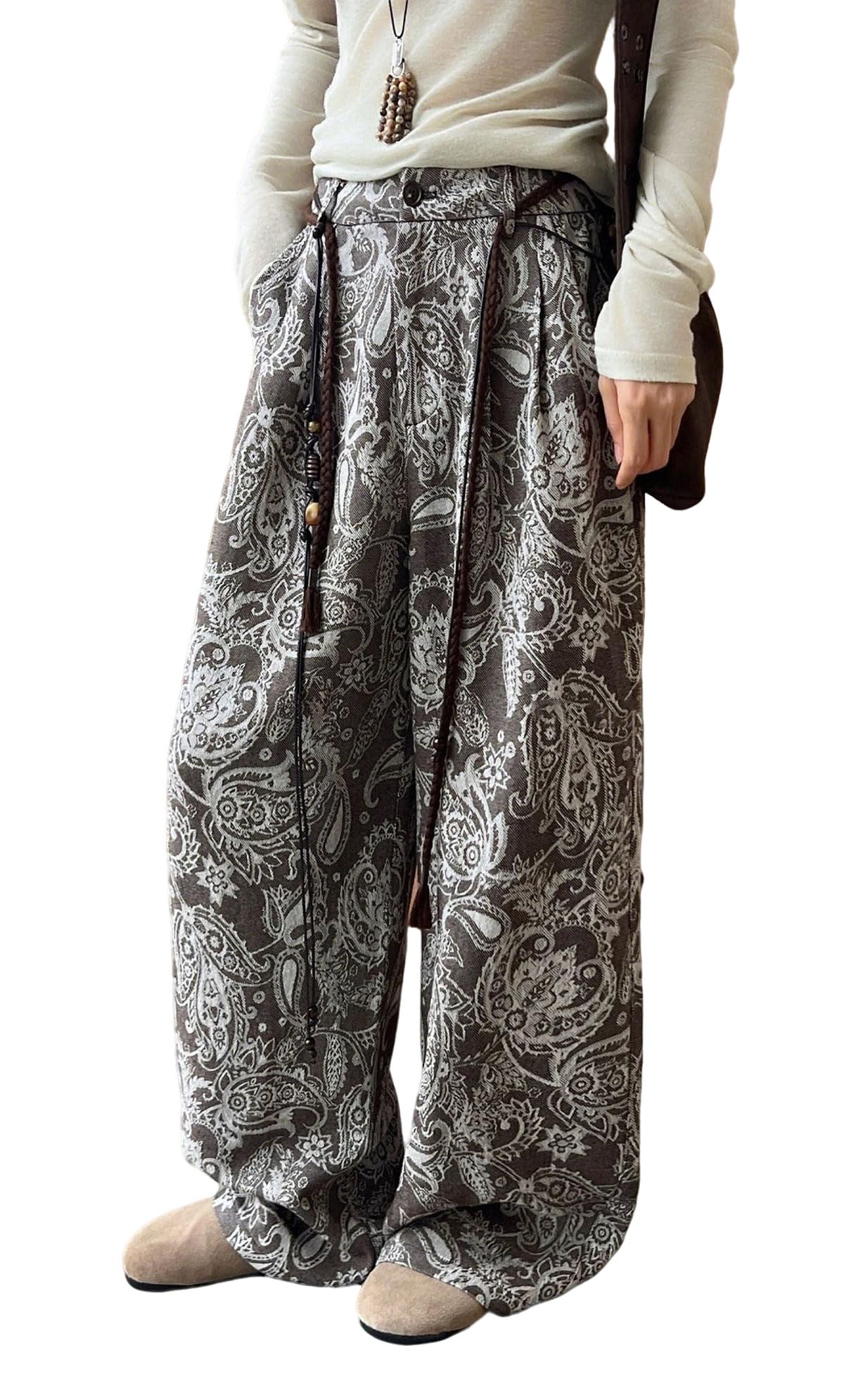 CHARTOU Women Baggy Wide Leg Chambray Denim Pants Vintage Patterned Paisley Y2k Casual Pants