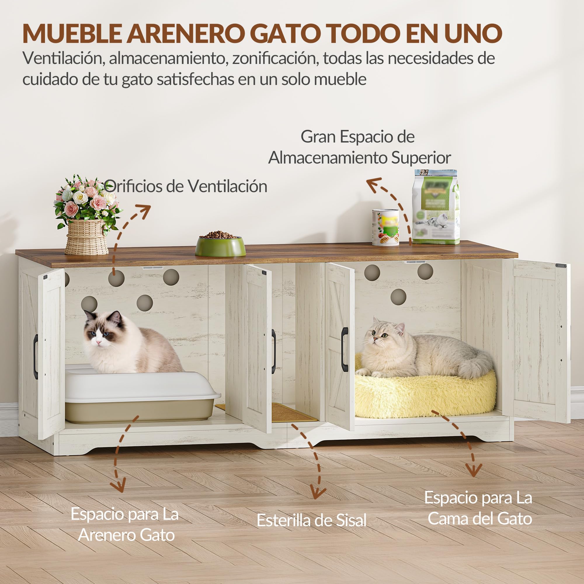 Mueble Arenero Gato para 2 Gatos, 140x50x55 cm, Marrón y Blanco | Mueble para Caja de Arena Oculta, Armario para Gatos con Alfombrilla para Rascar, Caseta Madera para Gato de Interior