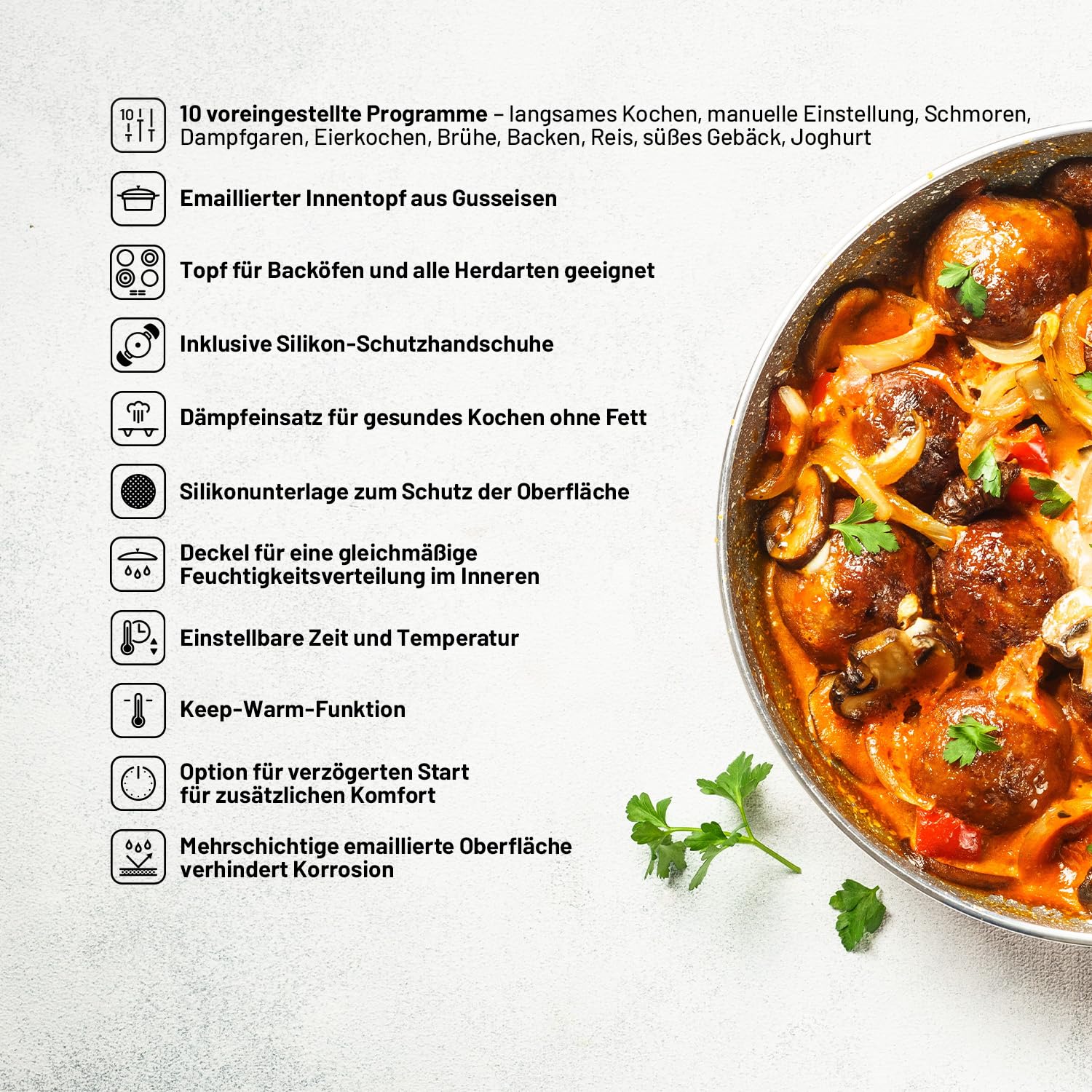Lauben OvenSafe® Multikocher 6000RS Multifunktionaler Topf mit 6 l Fassungsvermögen, 10 Programme, gusseiserner Emaille-Topf OvenSafe® geeignet für Herd oder Backofen, spülmaschinenfest