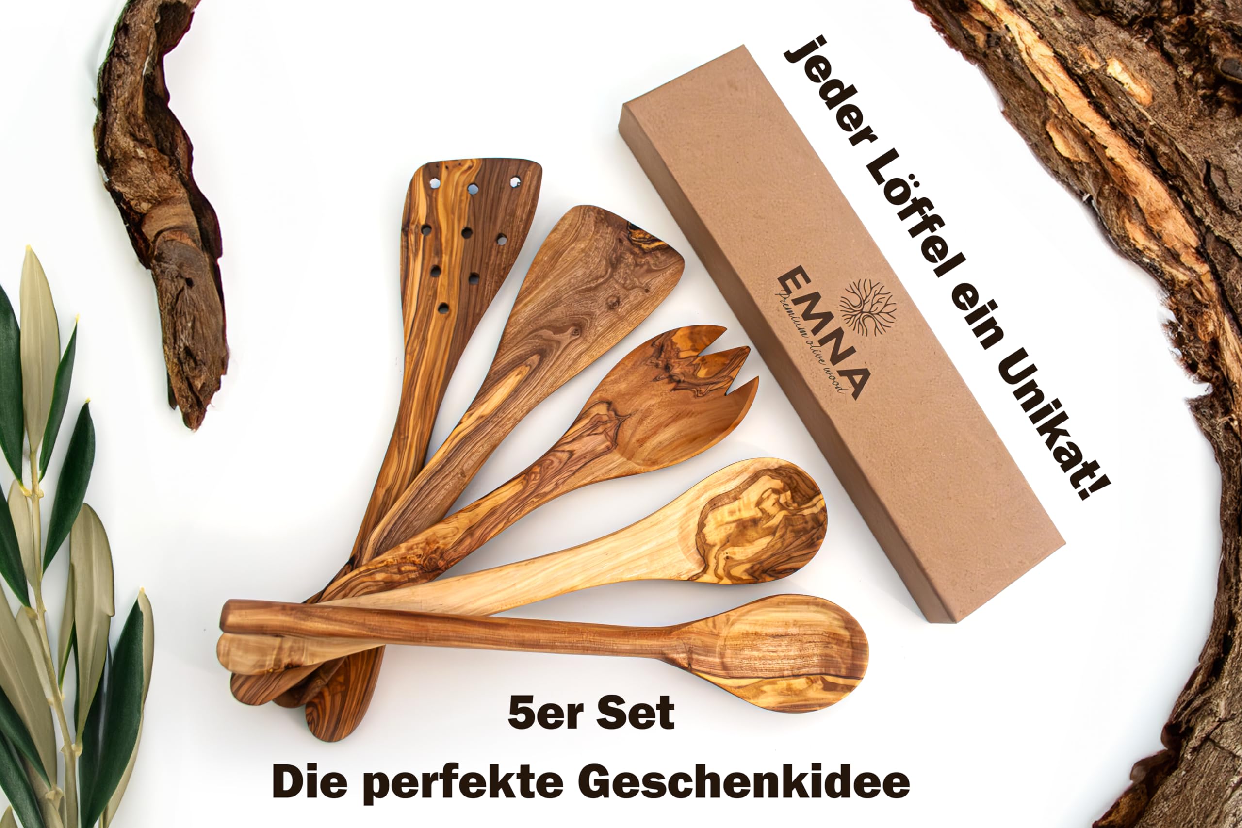 EMNA - 5-teiliges Oliven-Holz Küchen-Utensilien-Set | in einer exklusiven Geschenkbox | Hölzerne Hochzeit | Kochlöffel | Pfannenwender | Geschenk-Idee | Frau | Geschenke zum Hochzeitstag | Weihnachten