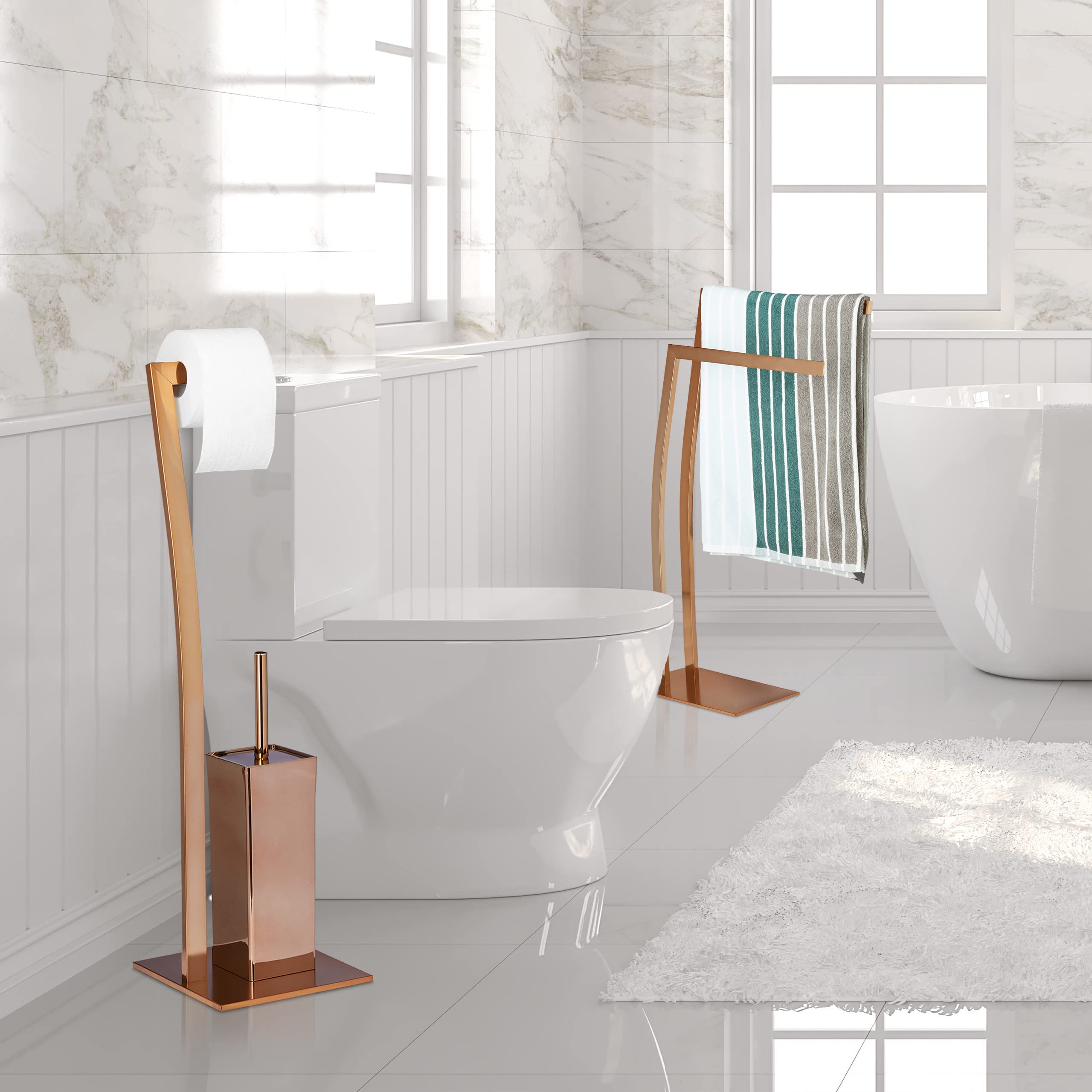 Relaxdays Escobillero Portarrollos de Pie Cuadrado WIMEDO, Acero Inoxidable, Cobre, 71 x 20 x 20 cm