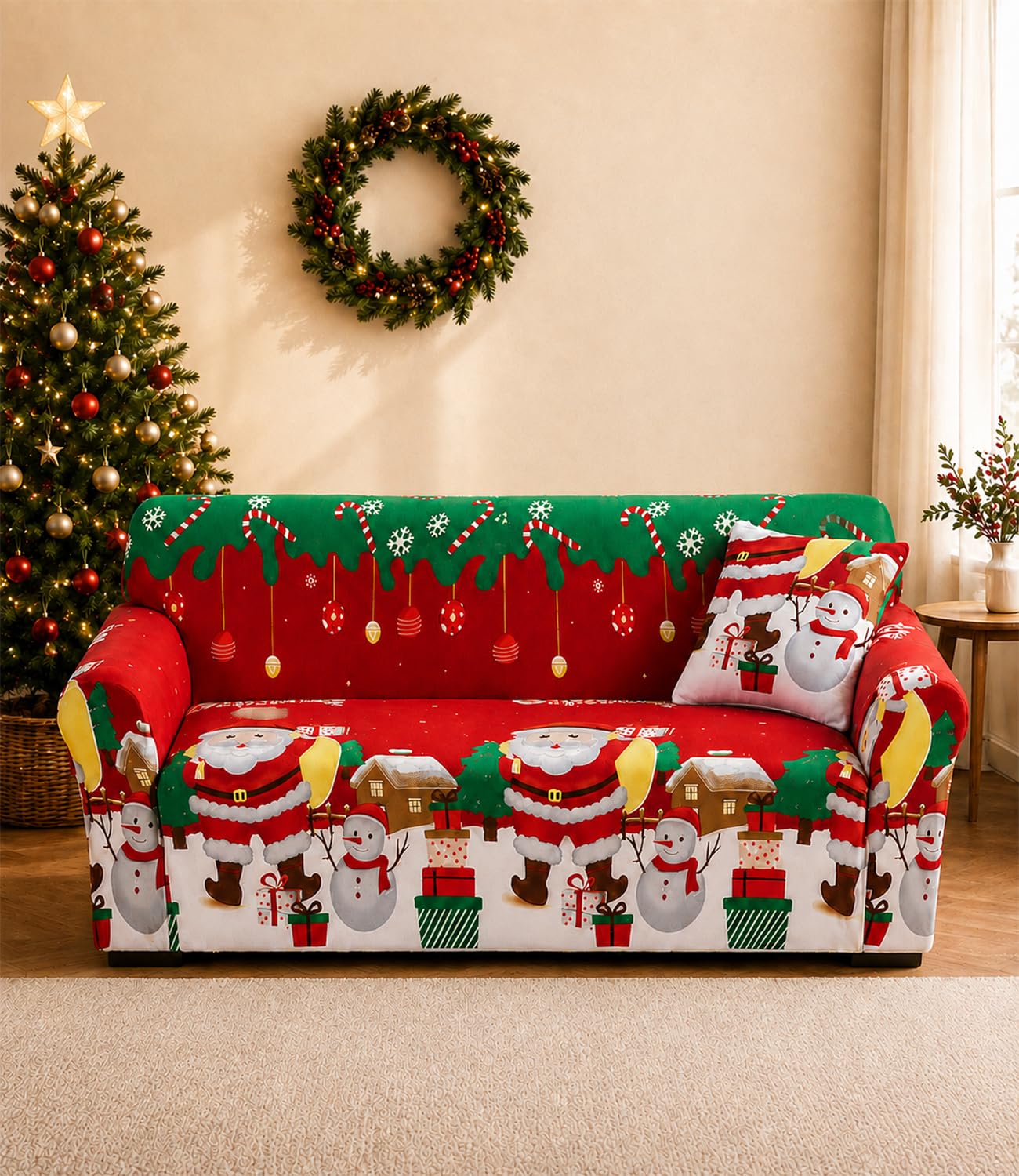Hearda Christmas Sofa Cover 4 Seater, Stretch Christmas Sofa Covers Polyester Fabric for Festive Home Décor, Universal Soft Slipcover with Elastic Bottom - Christmas Snowman