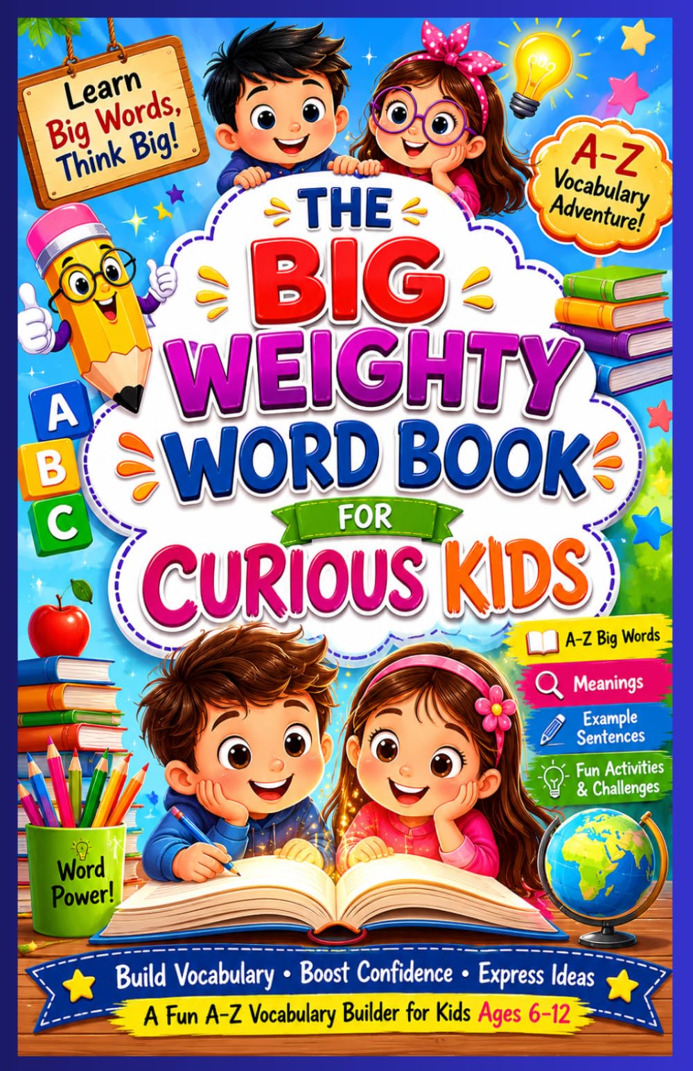 The big weighty word book for curious kids: A Fun A–Z Vocabulary Book with Meanings, Example Sentences, and Activities to Build Strong Reading, Writing & Communication Skills in Kids
