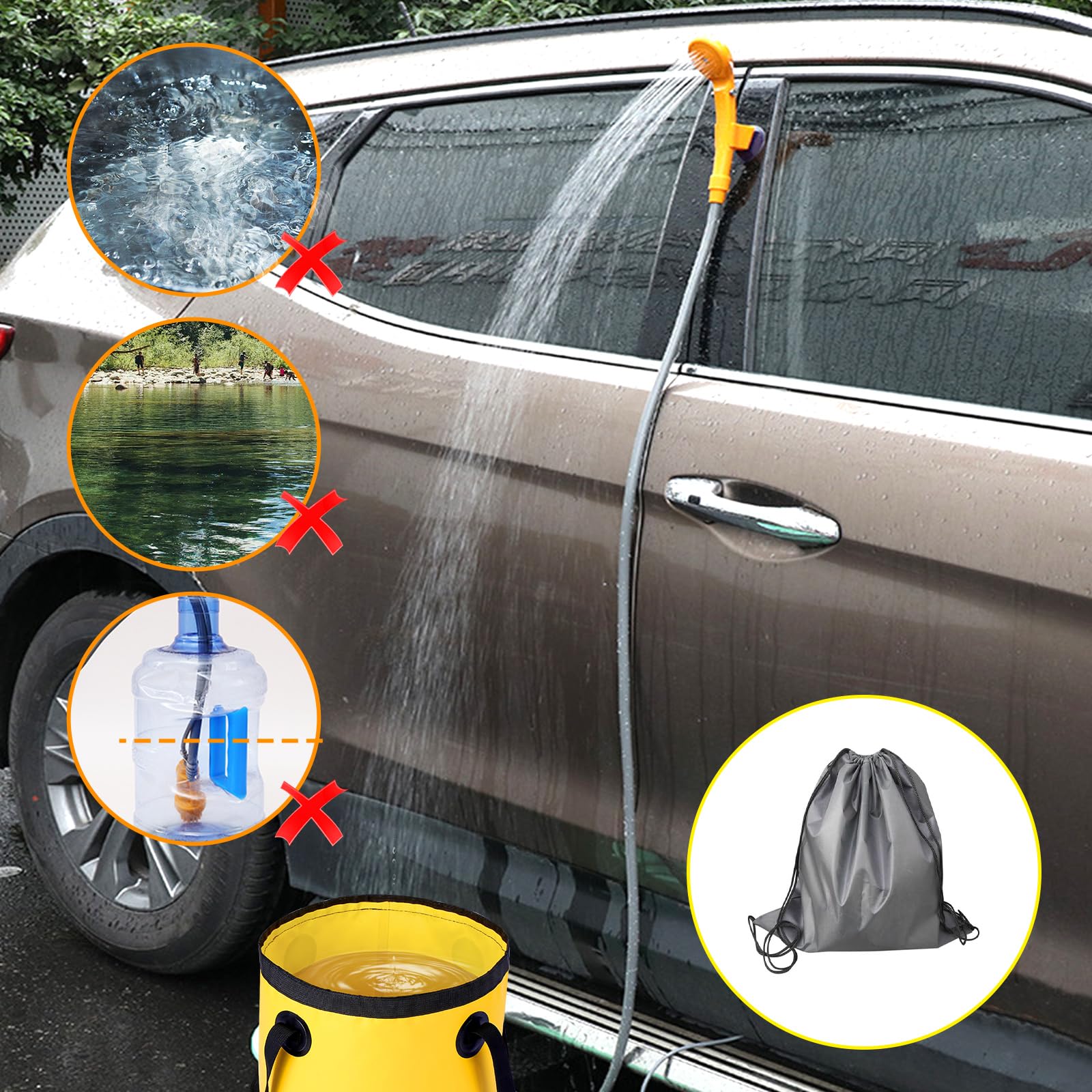 Doccia da campeggio, portatile, da campeggio, con secchio pieghevole, pompa, 2 m, cavo di alimentazione e interruttore, 12 V, doccia portatile, pompa per doccia elettrica per animali domestici, viaggi