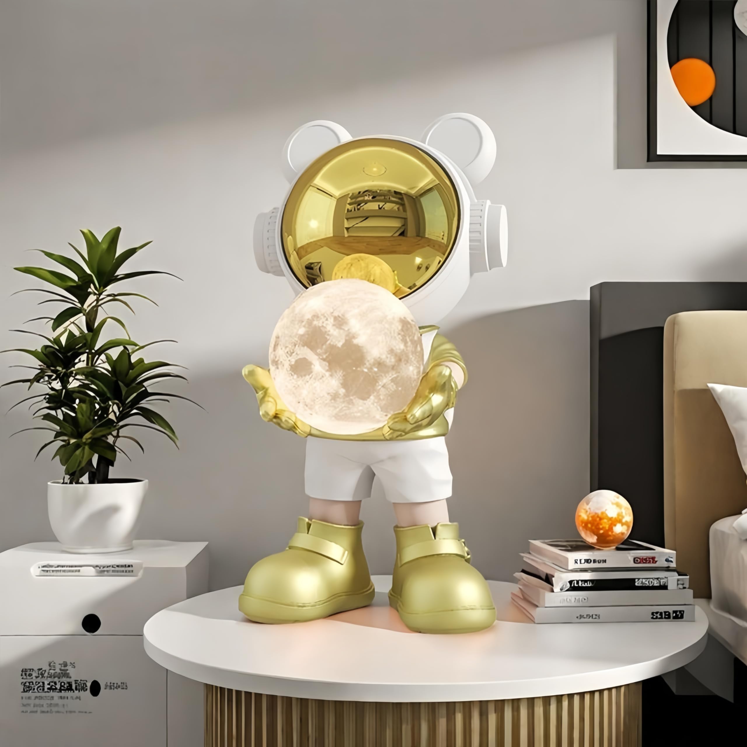 Estatua de astronauta de resina, escultura espacial, decoración temática espacial, perfecta para salas de estar, dormitorios y otros espacios (naranja A)