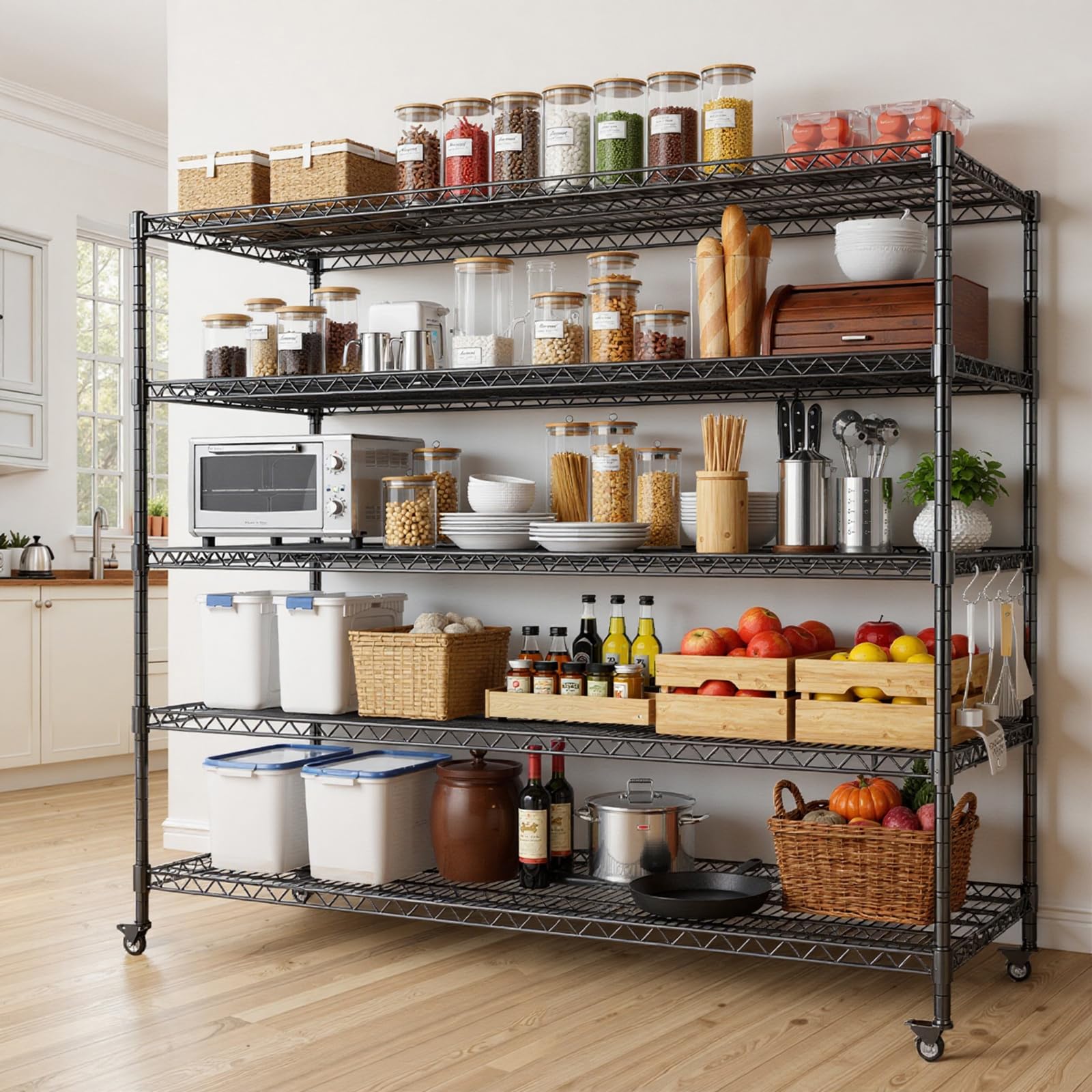 AIRAJ Scaffalatura a 5 strati, 91 cm, con ruote, portata 800 kg, scaffale in metallo regolabile in altezza, cantina e scaffalatura, 91 W × 36 × 186 cm, argento galvanizzato