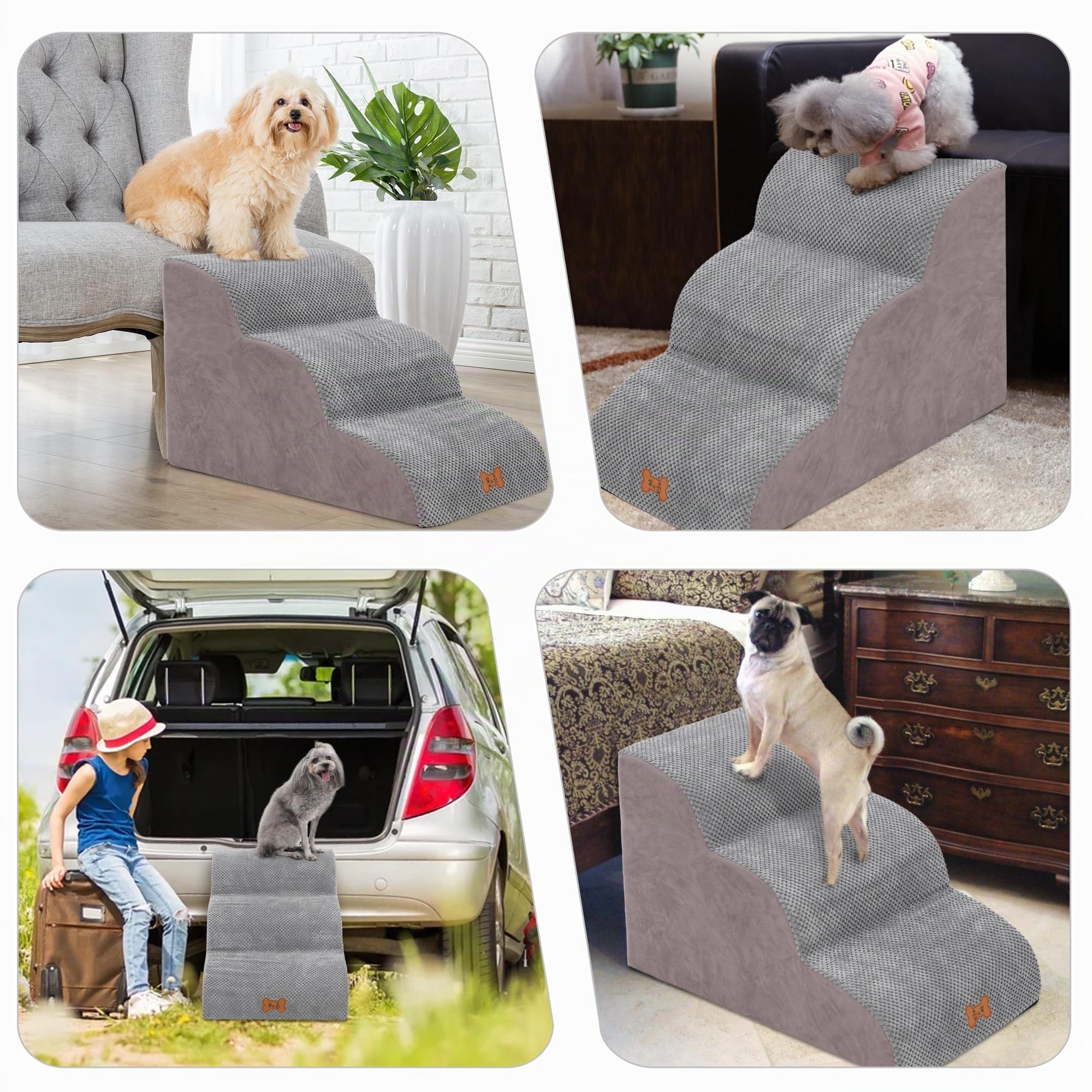 Escalera para perros de 3 peldaños, escalera de esponja para perros, rampa antideslizante para mascotas, escaleras para sofá y cama, con cubierta extraíble lavable, 57 x 40 x 40 cm, gris