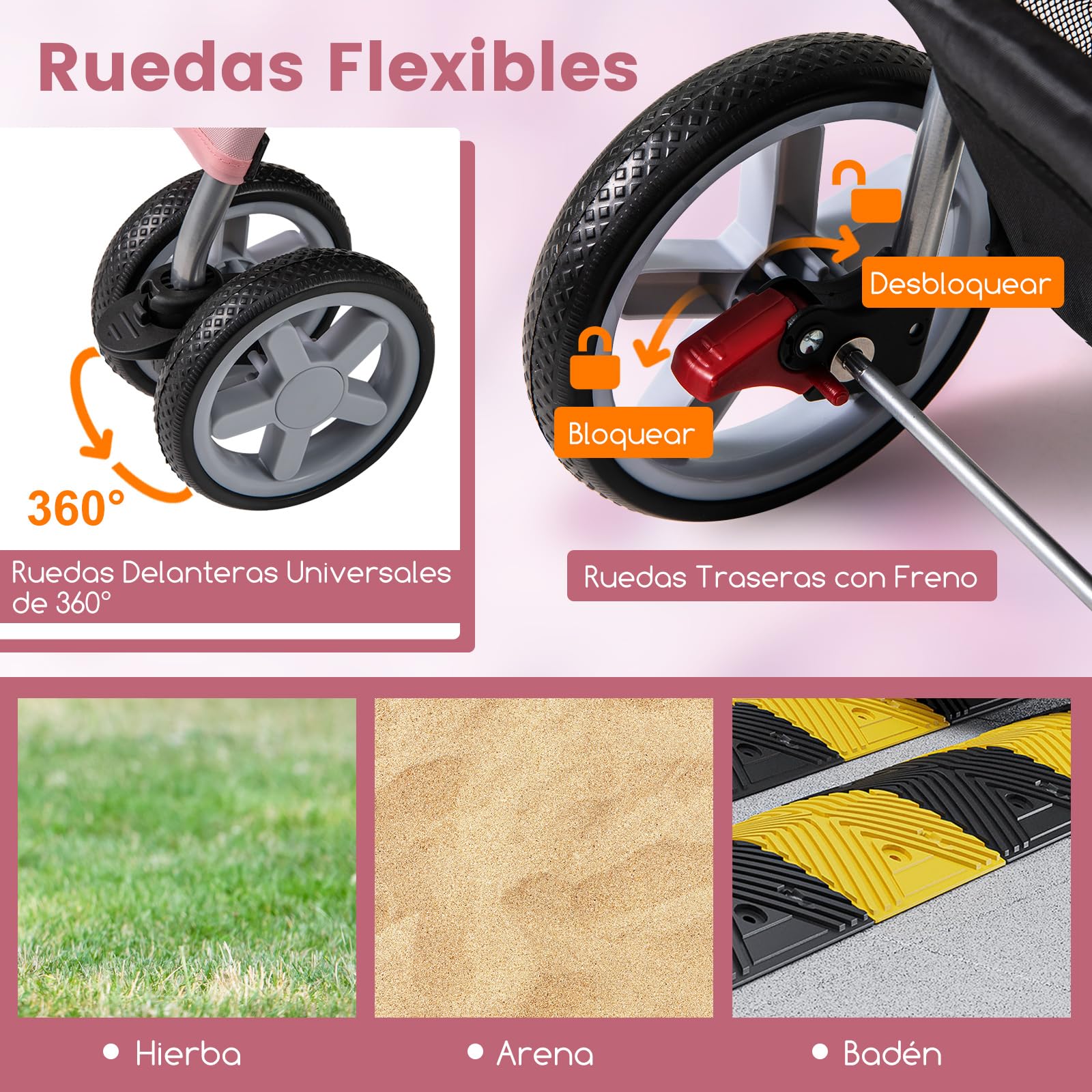 COSTWAY Cochecito para Mascotas Plegable, Cochecito de Mascotas de 4 Ruedas para Gatos/Perros, Carrito para Gatos con Cesta de Almacenamiento y Ventana de Malla impermeable (Rosado)