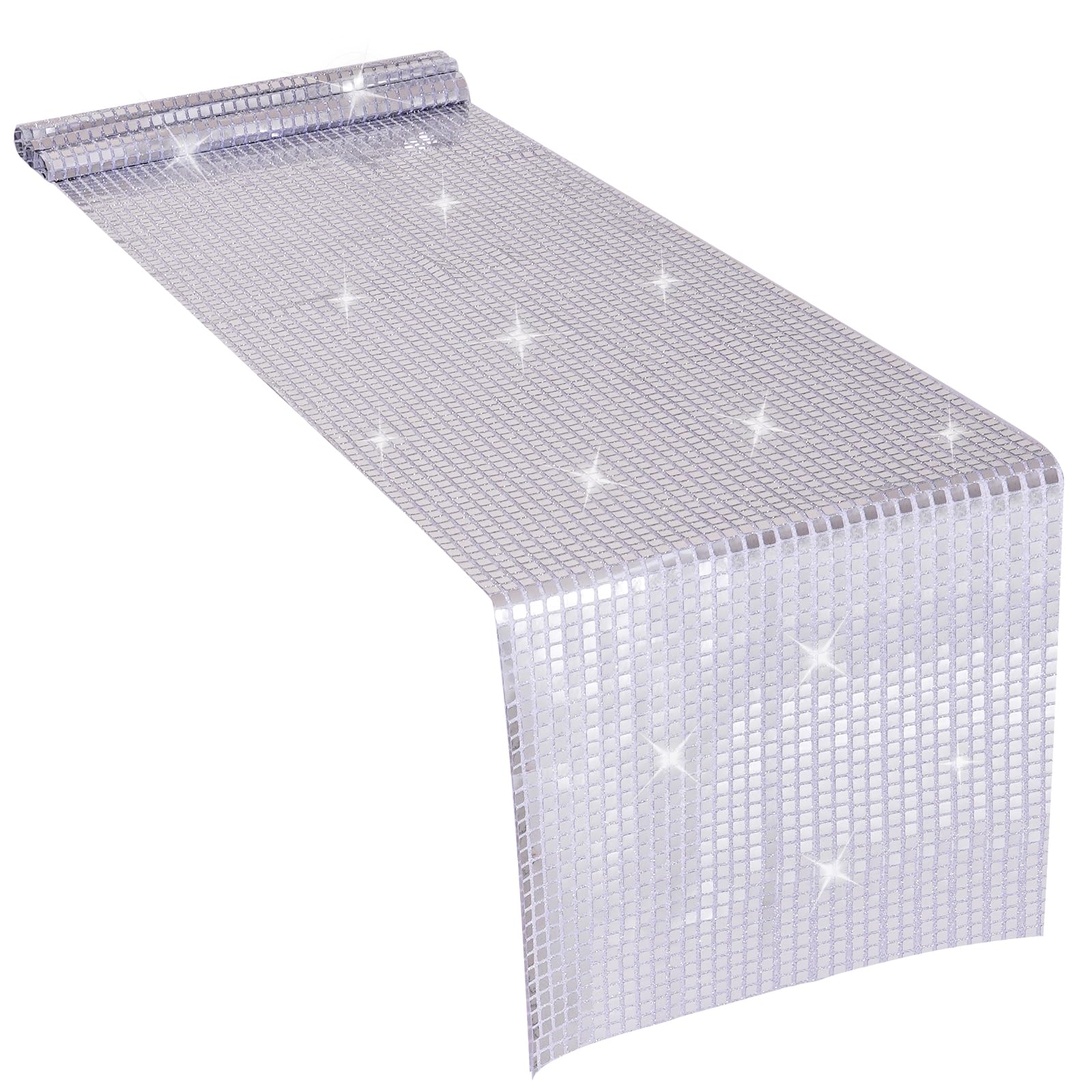 13 x 71 Inches Glitter Disco Table Runner, Mirror Silver Disco Party Tablecloth, Sequin Disco Table Runner 70s 80s Theme Birthday Party Bachelorette Table Decorations