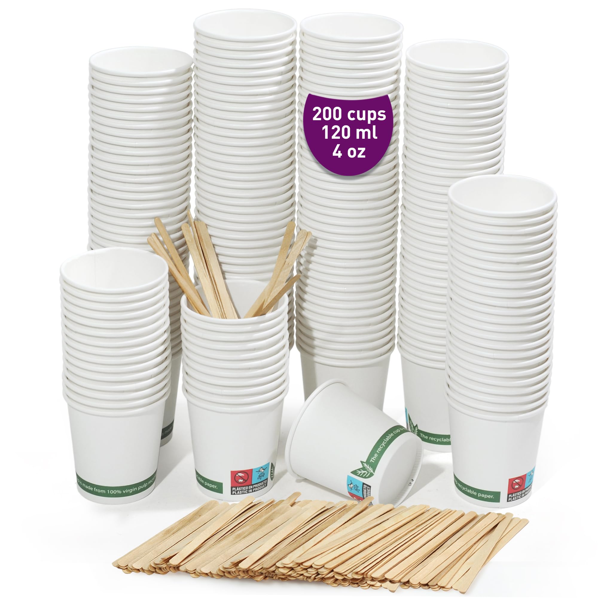 100 Wegwerp Koffiebekers 200 ml 7 oz van Wit Karton, Zeer Hoge Kwaliteit en Extra Stevig voor Warme en Koude Dranken, Ideaal voor Thuis, Kantoor