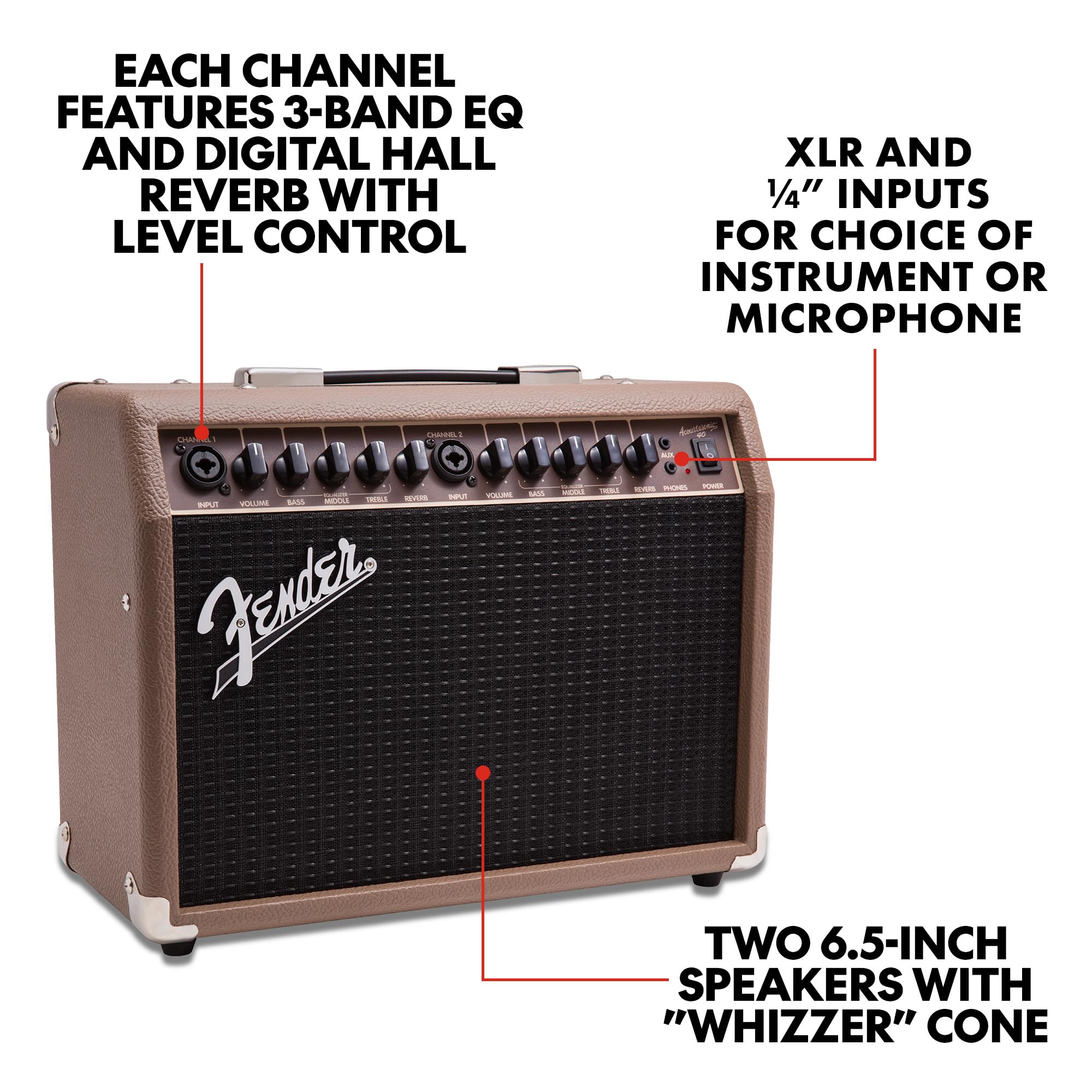 Fender Acoustasonic 40 Gitarrenverstärker | Dual 6,5 Full-Range-Lautsprecher mit Whizzer Cones, Built-in Reverb, XLr/1/4 Combo Eingänge, 3-Band Eq, 2 Jahre Garantie