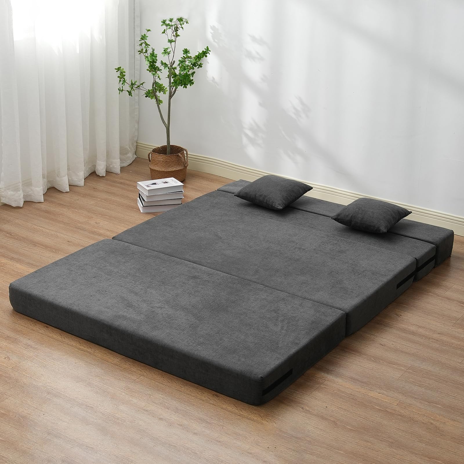 VEVOR Divano Letto Pieghevole con 2 Cuscini e Fodera Lavabile, Poltrona Letto Trasformabile in Memory Foam ad Alta Densità 25D, Divano Futon per Soggiorno, Camera da Letto, Grigio Scuro, Queen