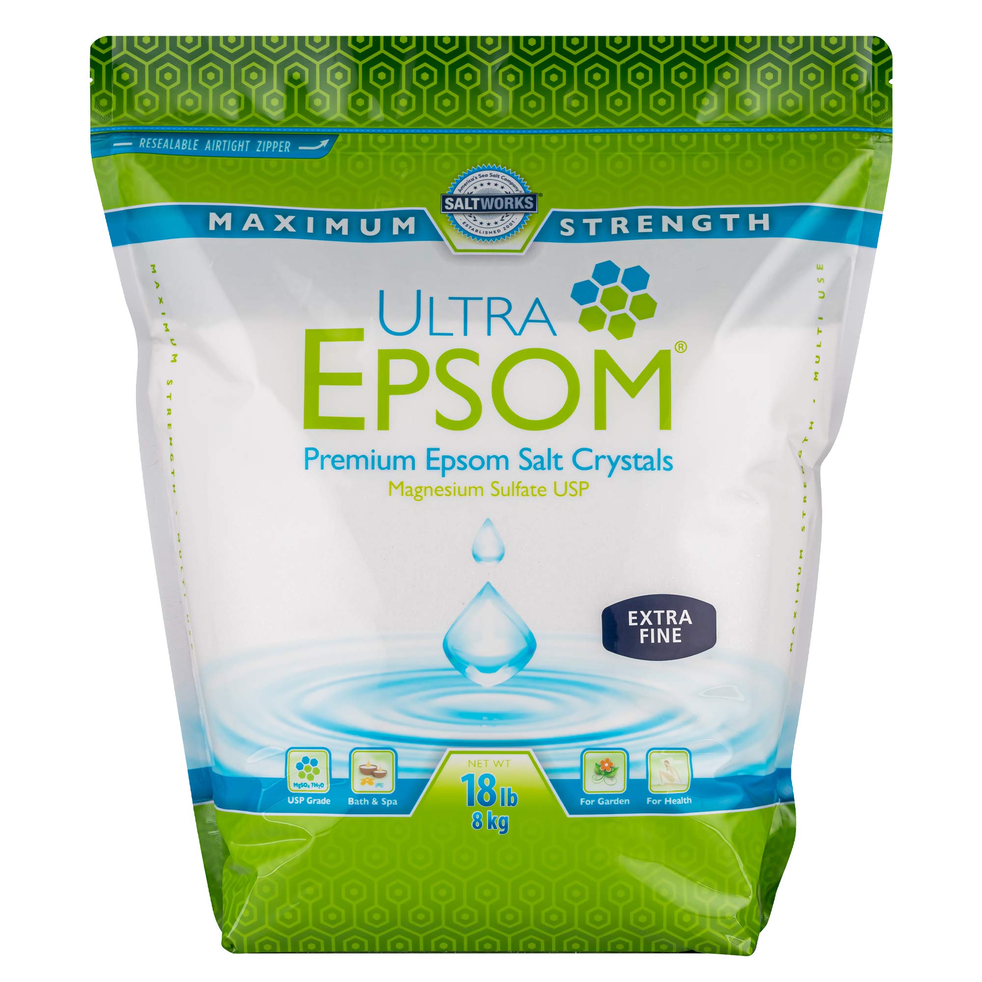 SaltWorks Ultra Epsom Bath Salt, Unscented, Extra Fine Grain, 18 Pound Bag