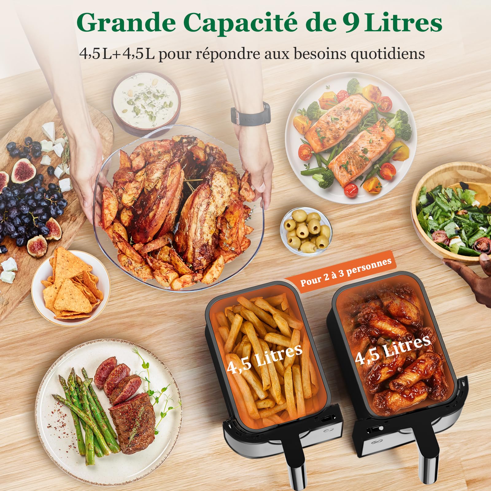 Air Fryer Double Compartiment 9L | Friteuse Sans Huile a 2x4,5L Tiroir, 2600W Friteuse à Air Chaud 8 en 1 Écran Tactile Smart Finish Fonction, Airfryer Deux Zones Contrôle Individuel Température Temps