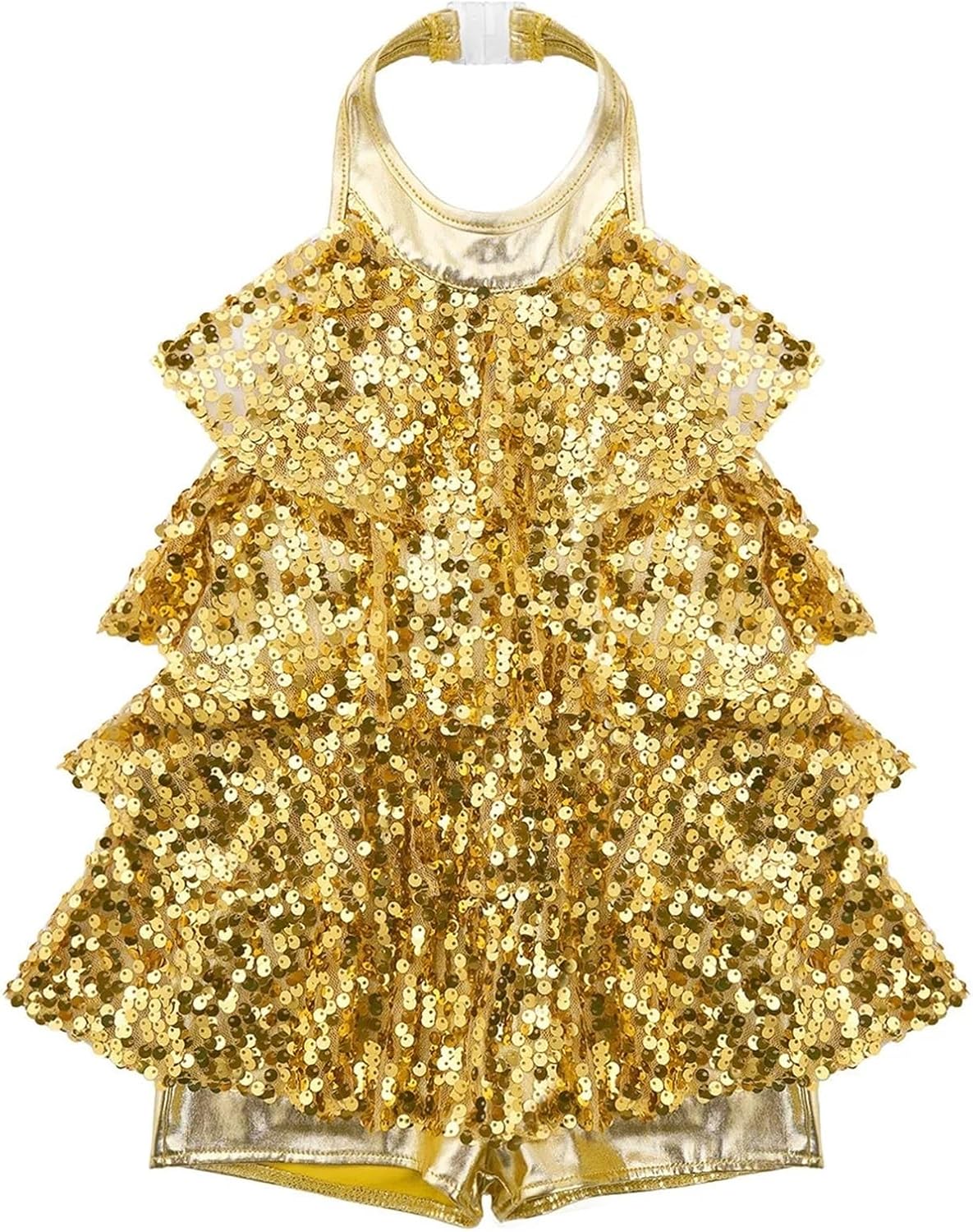 Girls Sleeveless Shiny Sequins Mini Dance Dress Sparkle Suit Outfits Costume for Latin Jazz Salsa Samba Rumba