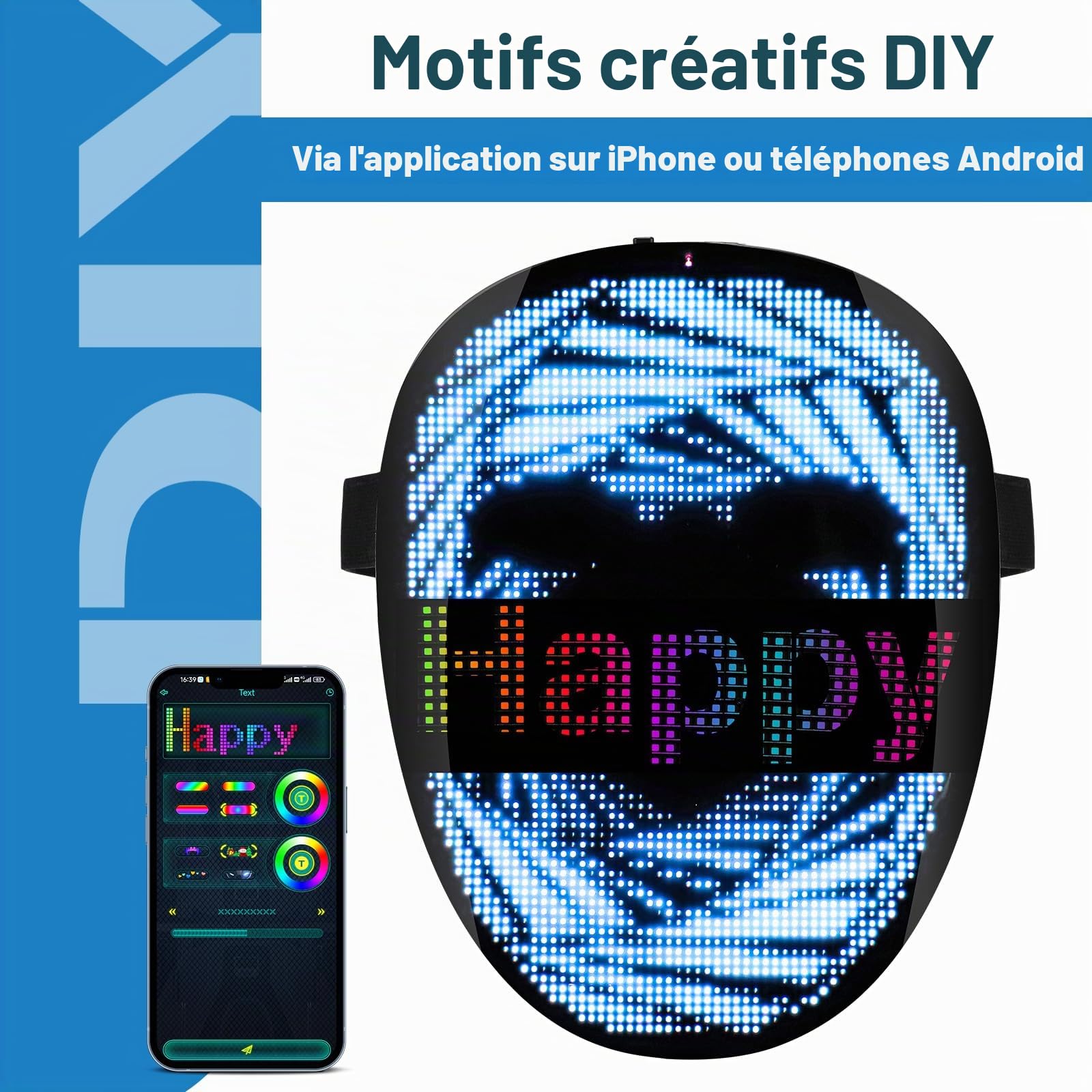 Masque LED Lumineux, Masque LED Rechargeable Avec Modes De Transformation Du Visage Par Détection De Gestes, Avec Différentes Images, Adapté Pour Le Costume Masques Cosplay Halloween