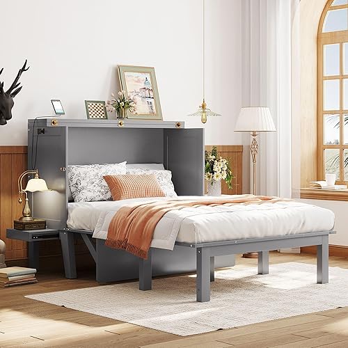 Ball & Cast Murphy Bed Full Szie,Cabinet Hideaway with USB Port and Removable Shelves,Wall Bed W/ 2 Movable Desks,can be Folded,Platform Bedframe for Kids Bedroom,Student Dorms,Gray