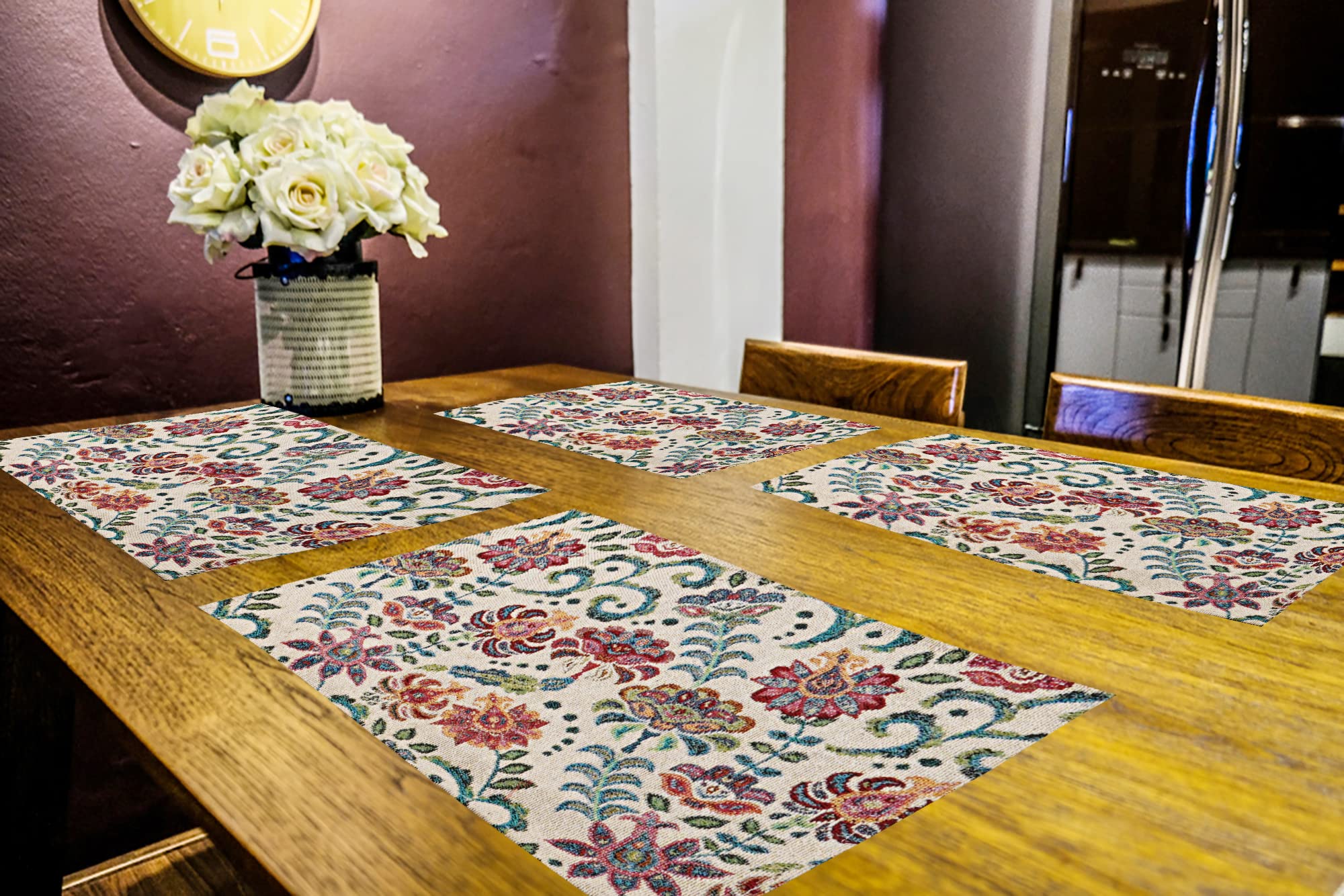 Floral Print Design Eco-Friendly Cotton Dining Rectangular Table mats - Reusable, Machine Washable, Everyday Use Multicolor Placemats, Set of 4 (33x47 cm)-image-6