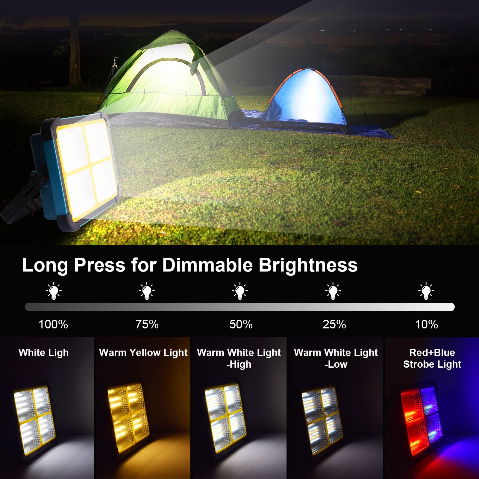 Projecteur LED Rechargeable, 5 Modes/288 LEDs, 10000mAh, 10000mAh | Lampe de travail à recharge solaire, avec lumière rouge et bleue, adaptée aux situations d'urgence/camping/chantiers