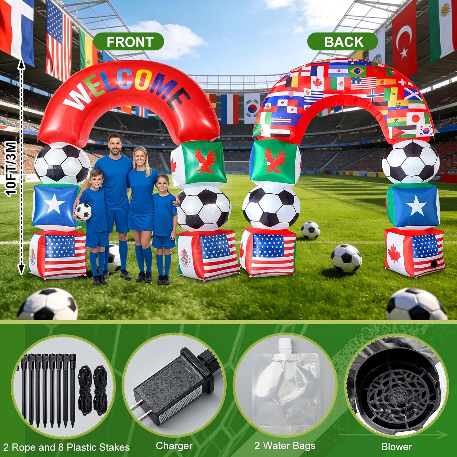 Leyndo 10 ft Giant International Flag Inflatable Archway Decorations 2026 World Soccer Blow up Decorations with Country Flag, LED Lighted 2026 Soccer Inflatables for Yard Garden Lawn Outdoor