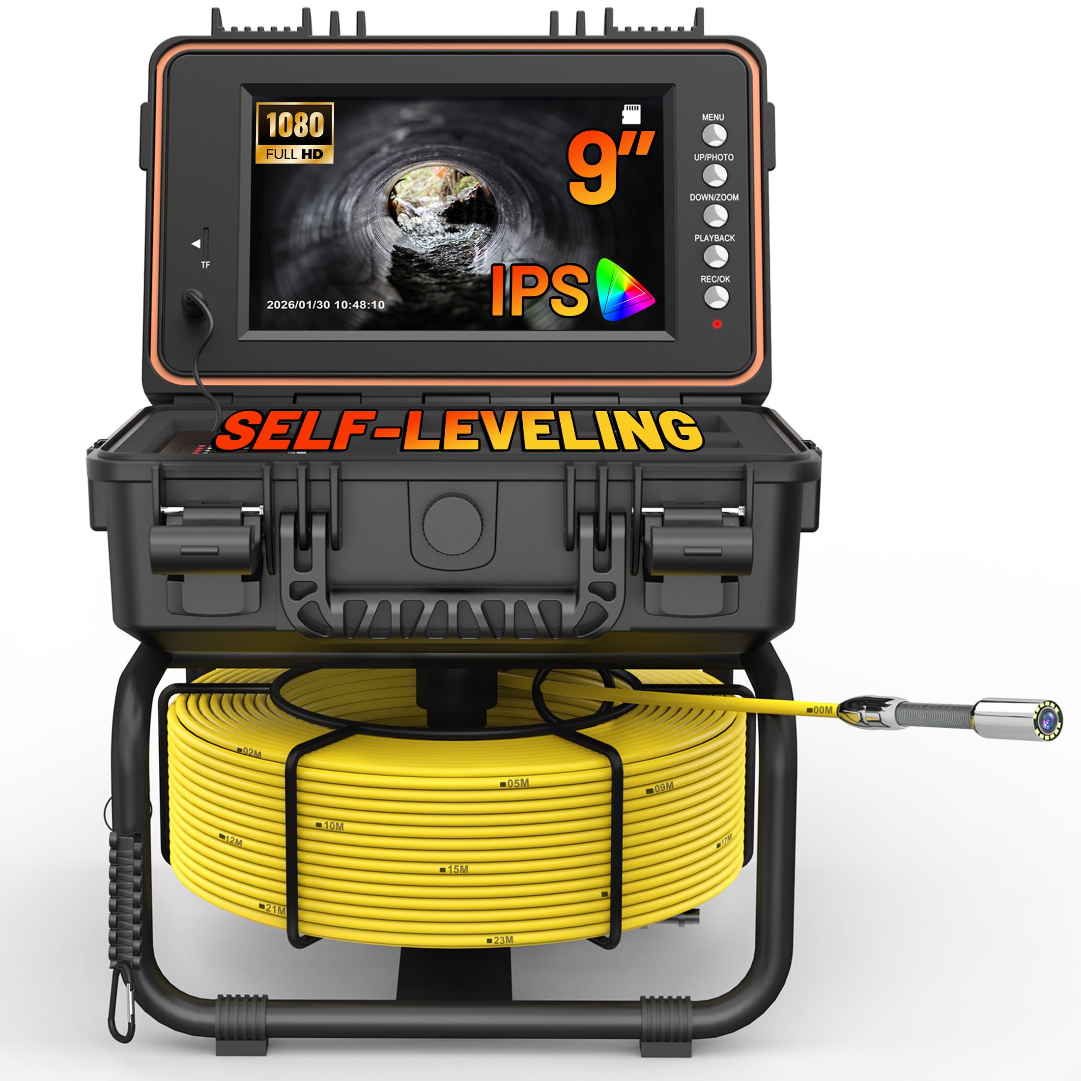 Sewer Camera, 9" HD Industrial Borescope Drain Camera with Self-Leveling, IP68 Video Endoscope Pipe Inspection Cameras, 165Ft(50M) 5MM Thicker Cable with Meter Marking, DVR, 5X Zoom, 32GB-picture-16