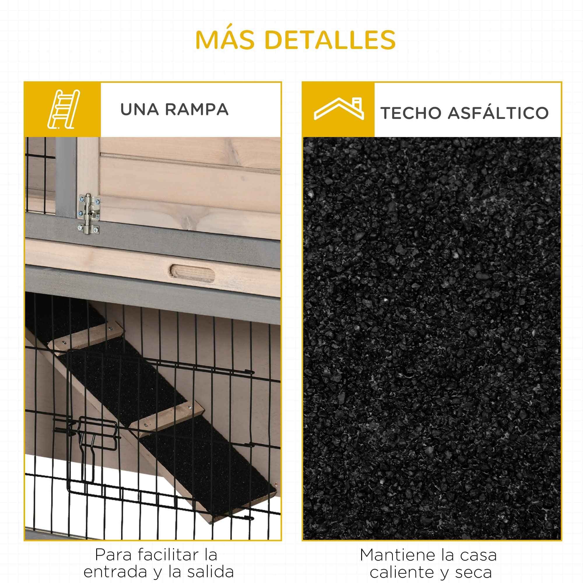PawHut Conejera de Madera Exterior 108x45x78 cm Jaula para 2 Conejos con Corral Metálico 2 Puertas con Pestillos Techo Asfáltico Abrible Bandeja Extraíble Rampa Gris