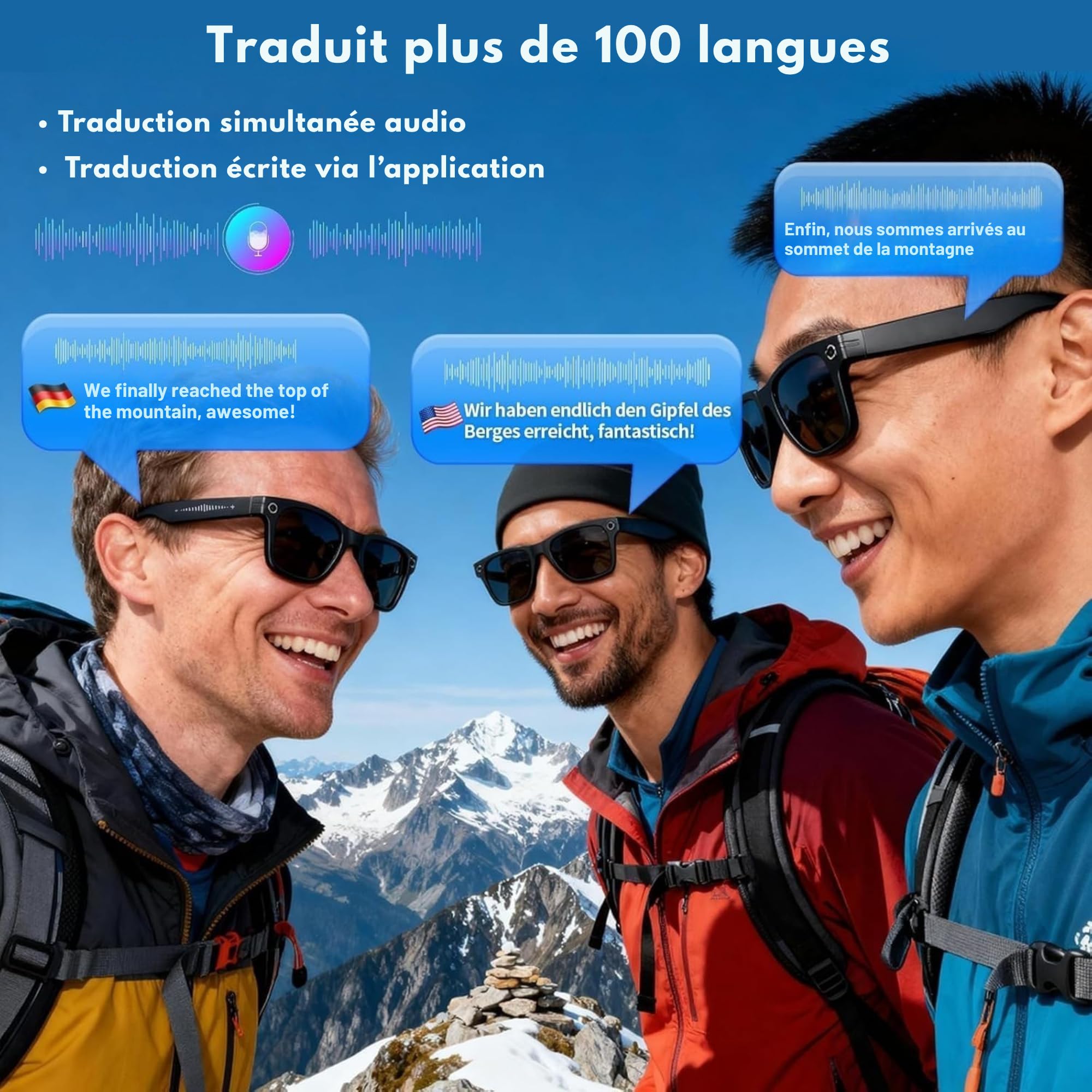 smartia Lunettes de Soleil intelligentes avec Camera, modèle 2026 et APP en françois Incluse, Lunettes Bluetooth Son Hi-FI, IA GPT intégrée avec Traduction dans +100 Langues, Camera 8MP Full HD