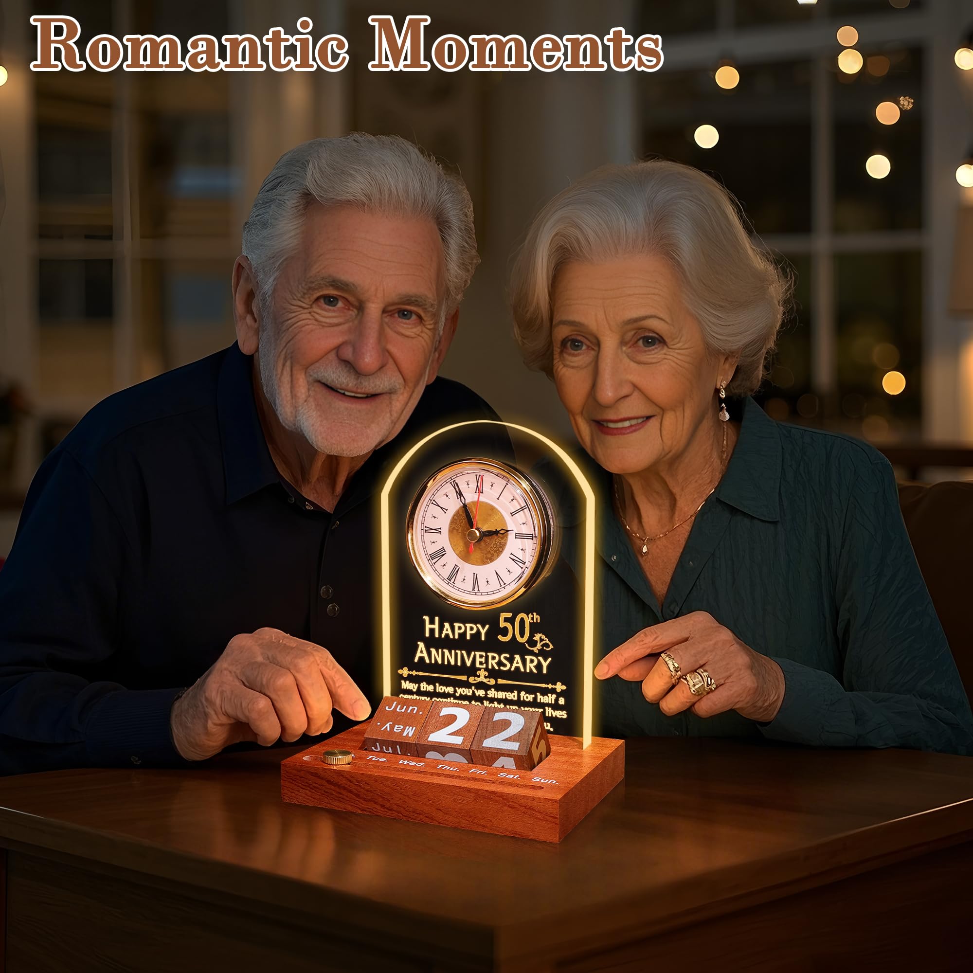 OkiyiD 50° Anniversario di Nozze, Orologio in Quarzo per Anniversario, Orologio da Scrivania, 50 Anni di Matrimonio, Nozze d'Oro per Coppia, Genitori, Nonni (Base in Legno con Luce LED)