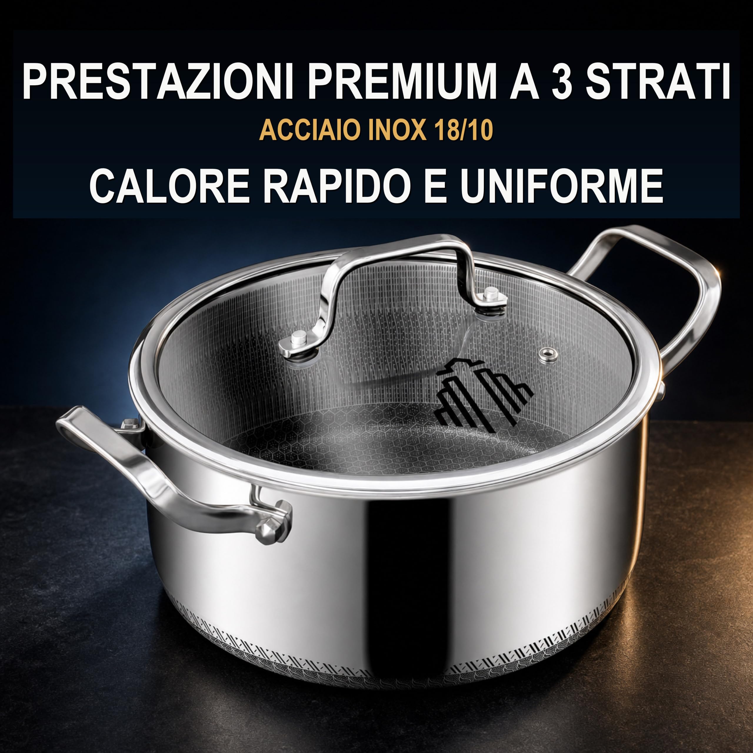 INTIGNIS® Pentola con Coperchio | Casseruola Antiaderente in Acciaio inox con Coperchio | Compatibile con l'induzione | Resistente ai Graffi | Adatta al Forno | Resistente (5 Litro)