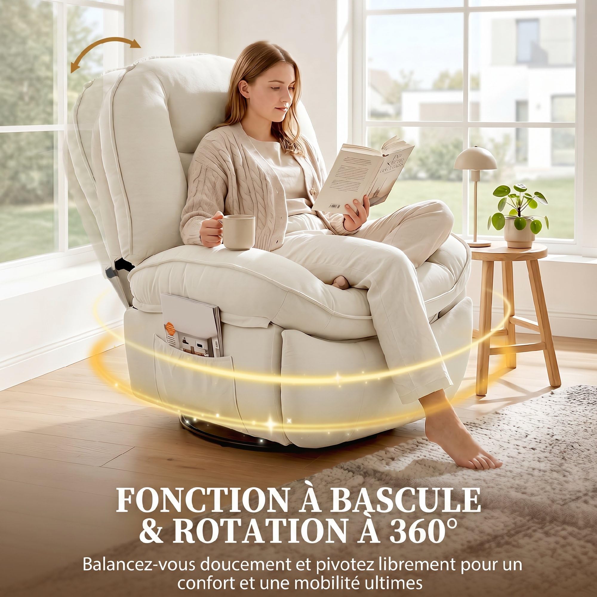HOMCOM Fauteuil inclinable en chenille, fauteuil de relaxation pivotant à 360° avec repose-pieds, assise large, dossier épais, poches latérales, poignée de tirage, pour salon bureau home cinéma, crème