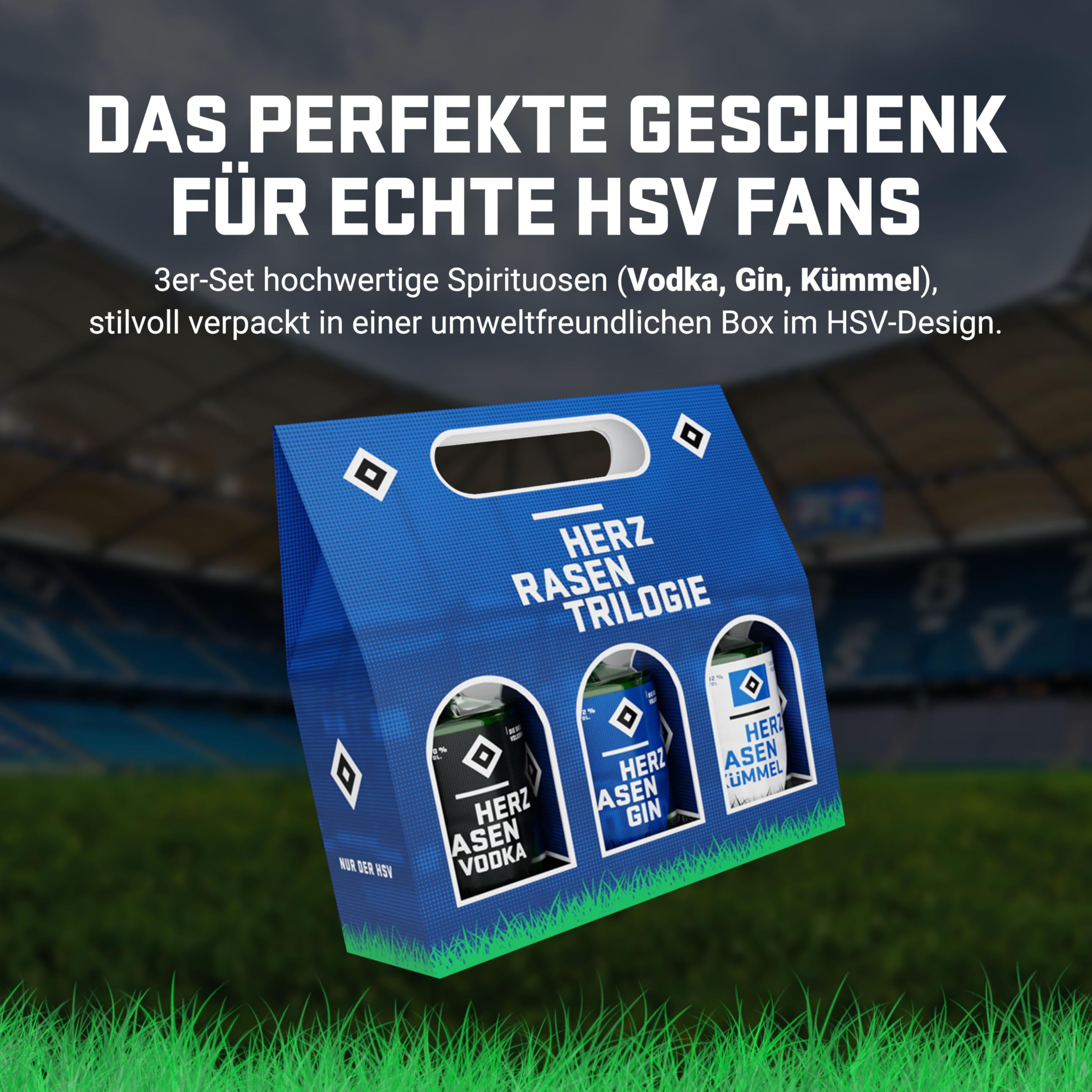 HERZRASEN HSV Geschenk Trilogie Set 3x 100 ml Gin Vodka Kümmel Hamburger Alkohol Geschenkset mit echtem Volksparkstadion Rasen - Premium Geschenke Box