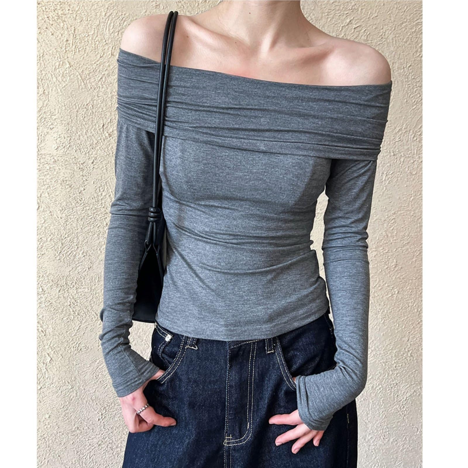 Damskie Seksowne Koszule Z DłUgim RęKawem Z Odkrytymi Ramionami Eleganckie Bluzki Slim Fit Stretch Going Out Tops,Gray,L