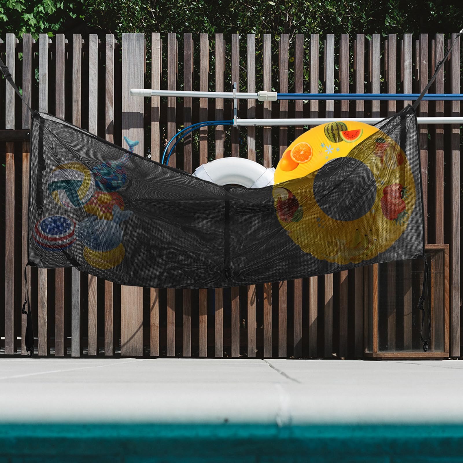 Bolsa de malla grande para piscina, plegable para exteriores, para flotadores de natación, juguetes de agua, toallas de playa y accesorios, solución de almacenamiento colgante para patios y piscinas