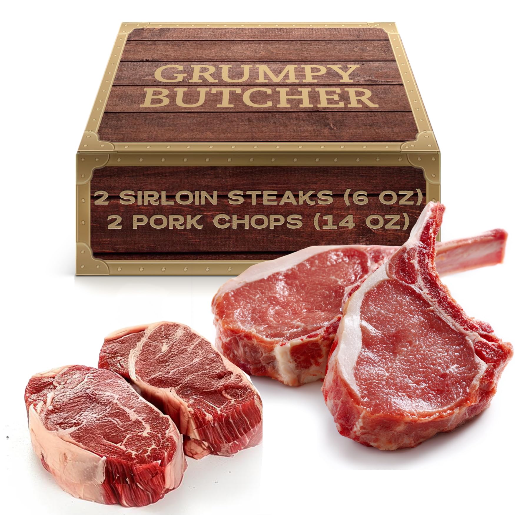 Grumpy Butcher Steaks & Pork Chops Meat Gift Box – 2 Beef Top Sirloin Steaks (6 oz) & 2 Duroc Bone-in Pork Steaks (14 oz) – Grass Fed Sirloin Steak & Gourmet Meat Gift Packages Specials