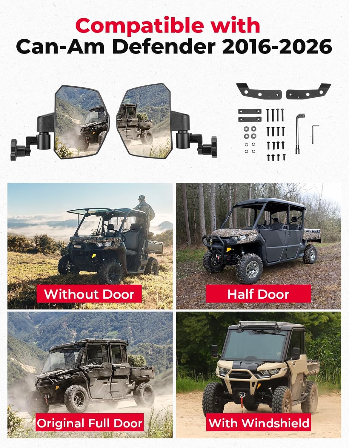 KEMIMOTO Large UTV Side Mirror, Compatible with 2016-2026 Can-am Defender HD 5/7/8/9/10 ＆ MAX Models, Fit Half-door Full-door, Extension Adjustable, Upgrade Adjustable Range