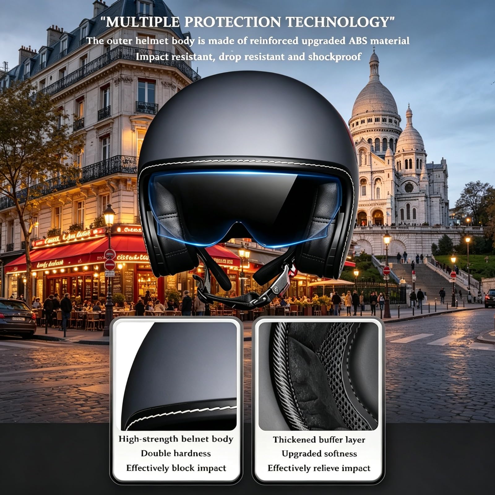 Klasyczny Kask Jet Certyfikat ECE 22.06 & Atest DOT, Dopuszczony do ruchu Kask Motocyklowy Retro Otwarty z Blendą Przeciwsłoneczną, Odpinany Daszek, Klamra Mikrometryczna