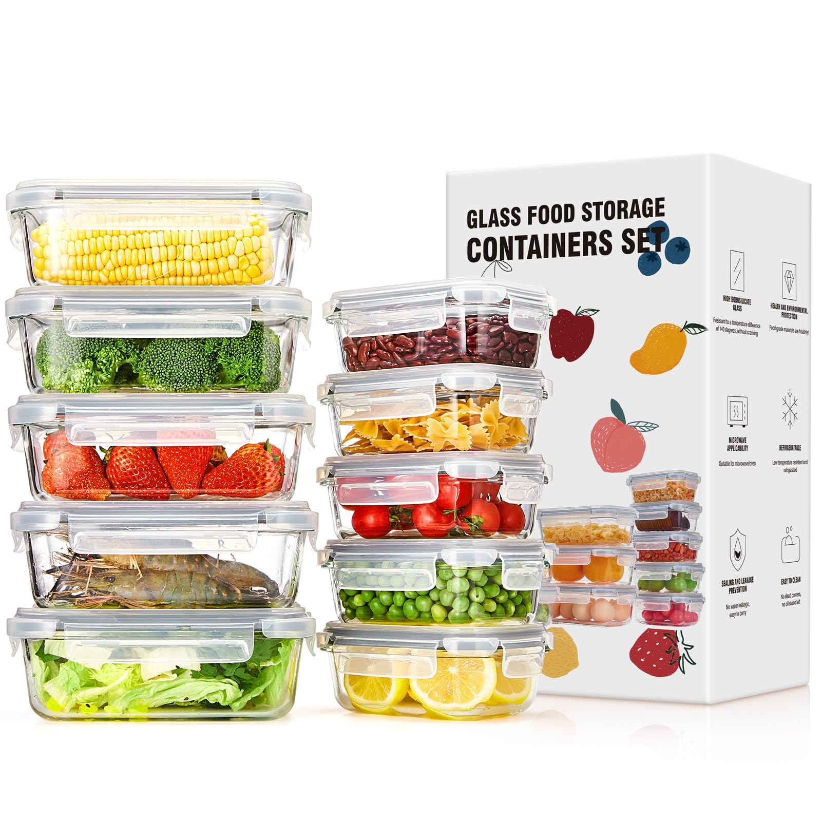 Glotoch 10 Pack Glass Meal Prep Containers Food Storage Containers with Lids Reuable, Ultra Thick Borosilicate Glass Containers for Food Prep,Lunch, Dishwasher/Microwave/Oven/Freezer Safe, Grey