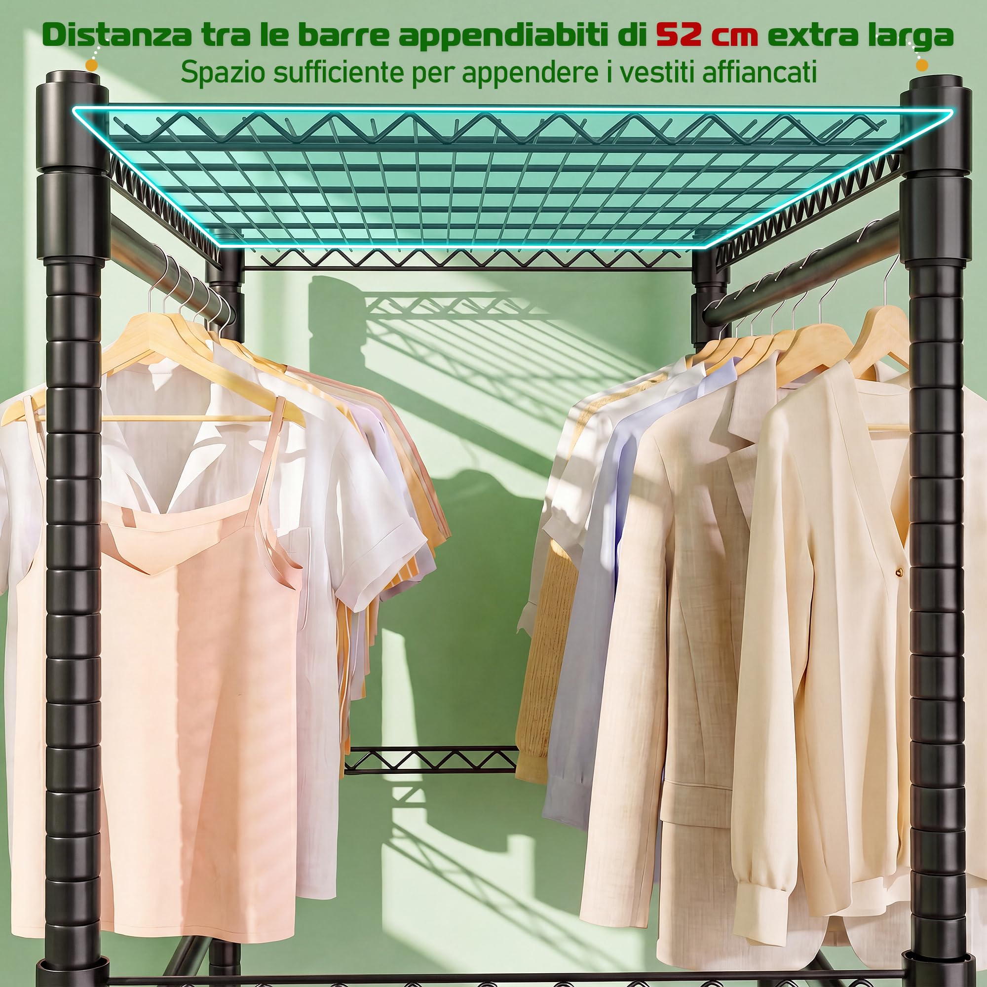 Himimi Appendiabiti con Ruote, 90x52x203 cm, Stand Appendiabiti Doppio con Ripiani Regolabili in Altezza, Appendi Abiti con le Ruote, Carrello Porta Abiti Robusto per Cabina Armadio, Lavanderia, Nero