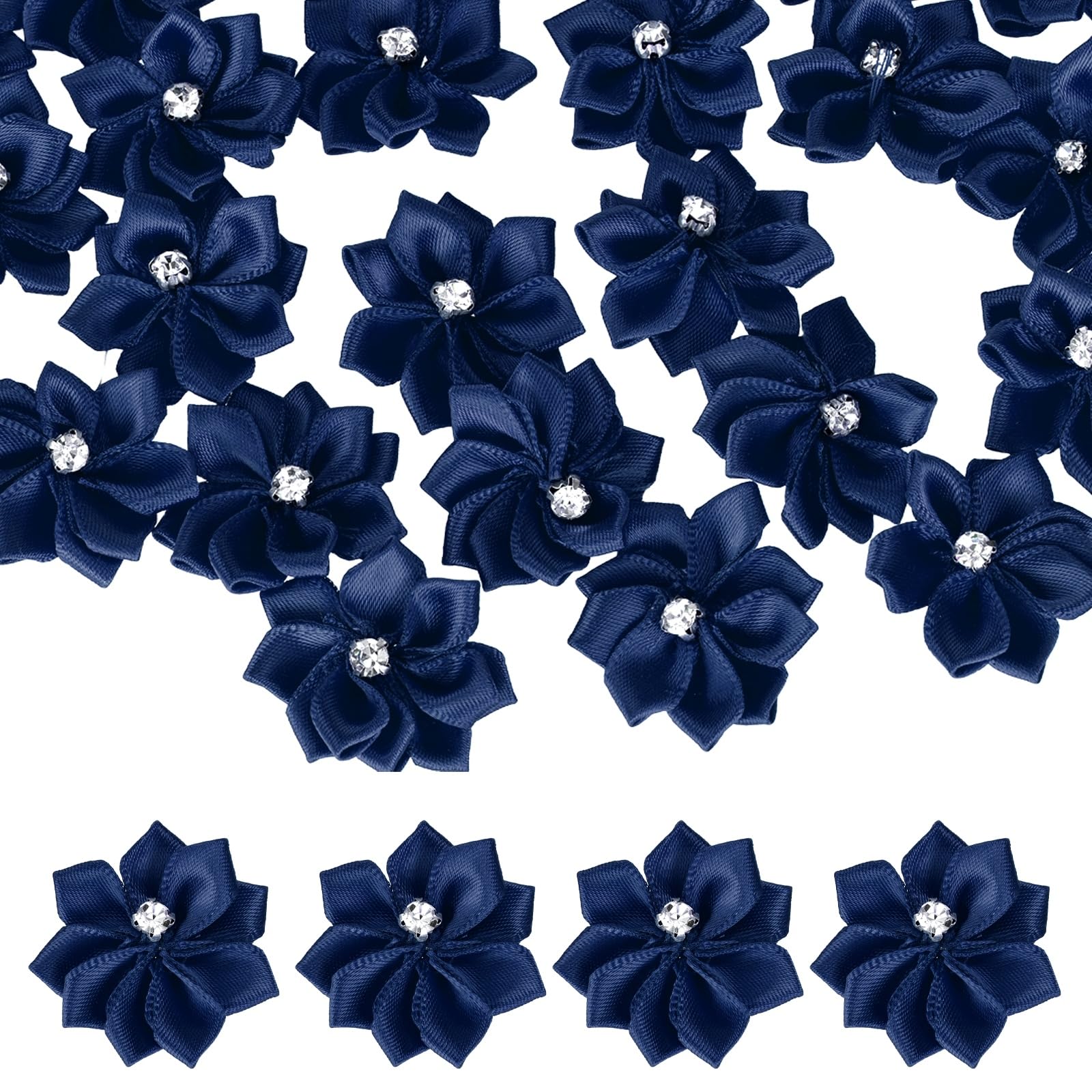 sourcing map 100 Pcs 1.2 Inch Satin Ribbon Flowers Bows Flowers Applique Floral Embellishments for DIY Crafts Sewing Clothing Hair Bow Wedding Decor, Navy