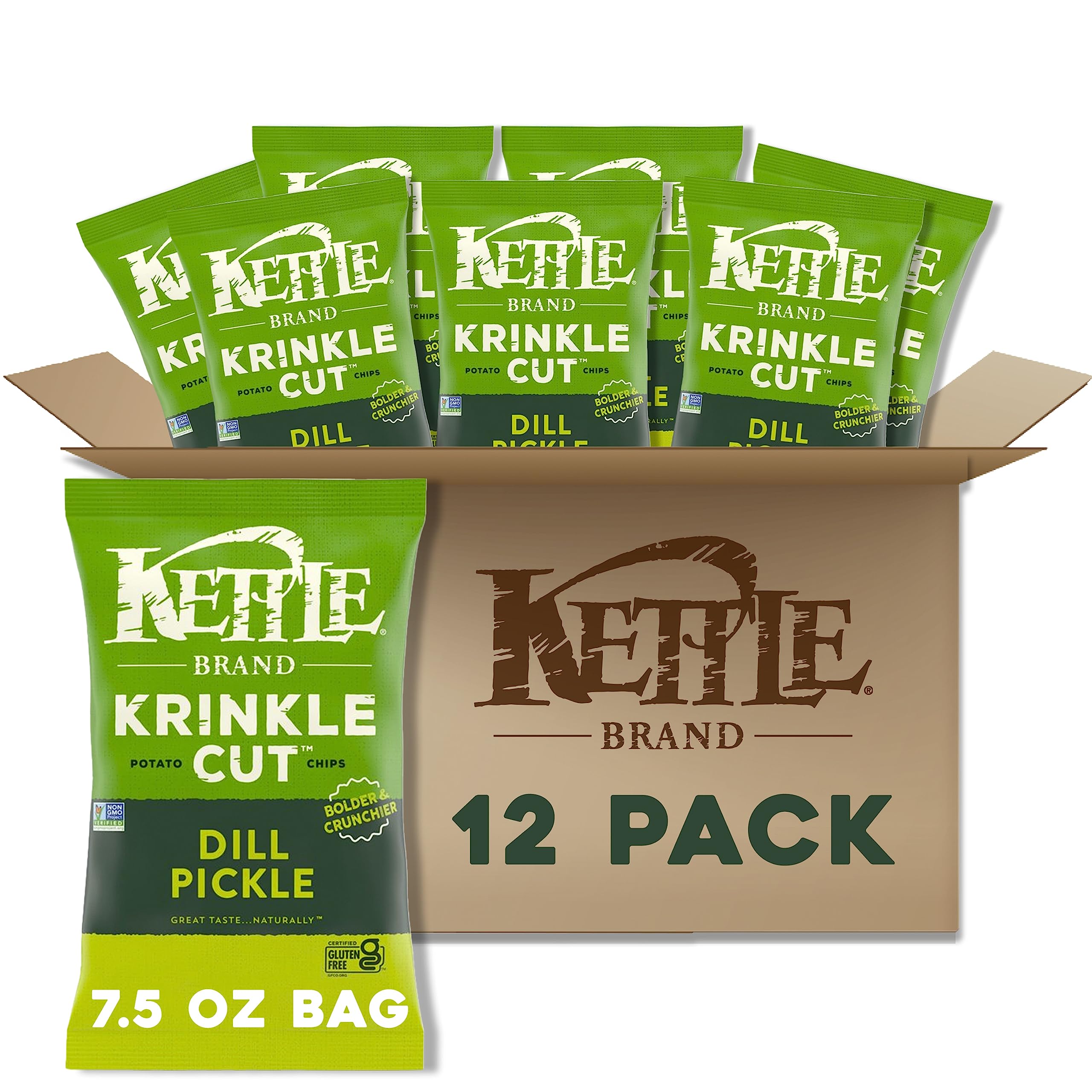Kettle Brand Potato Chips, Krinkle Cut Dill Pickle Kettle Chips, 7.5 Oz (Pack of 12)