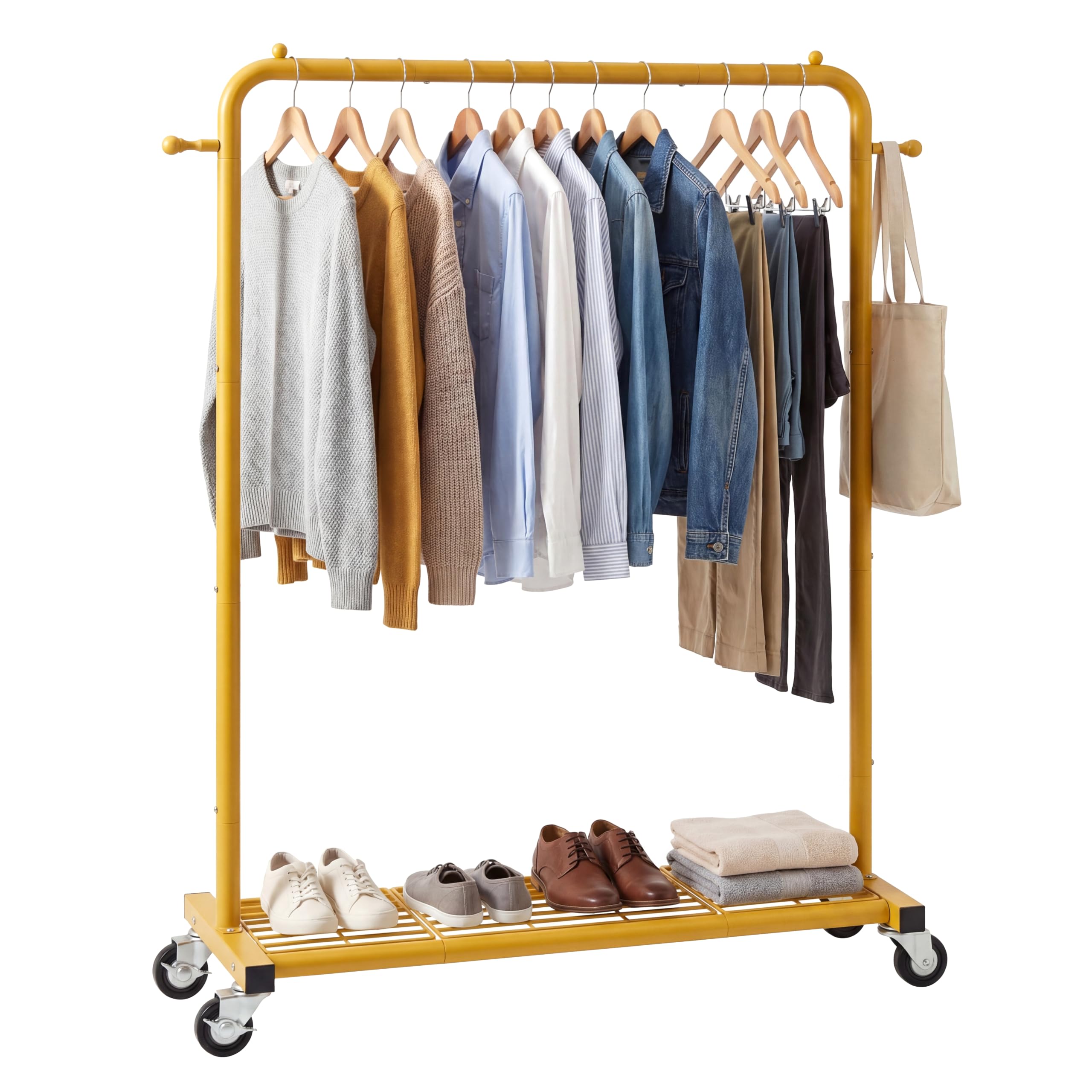 Sywhitta - Perchero con ruedas y estante inferior de malla, estructura metálica resistente, para ropa, abrigos y faldas, 101 x 40,6 x 164 cm (largo x ancho x alto), dorado