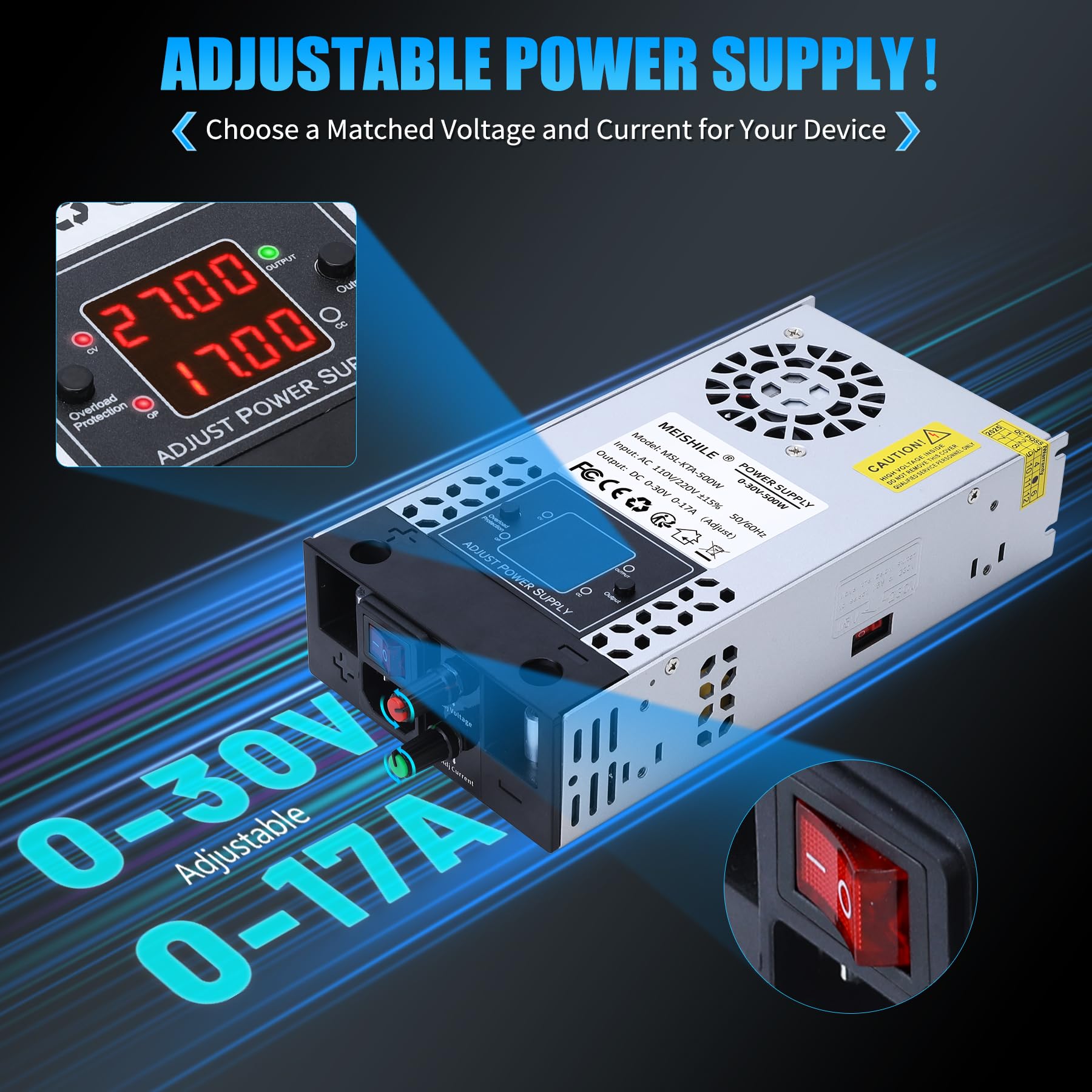 Einstellbare Schalternetzteil DC (0-17V 0-30A) 500W DIY Trafo 230V AC auf DC Transformator Industriell für LED Lichtleiste Lampe 3D Drucker Motor Pumpe SMPS 110V/220V Button